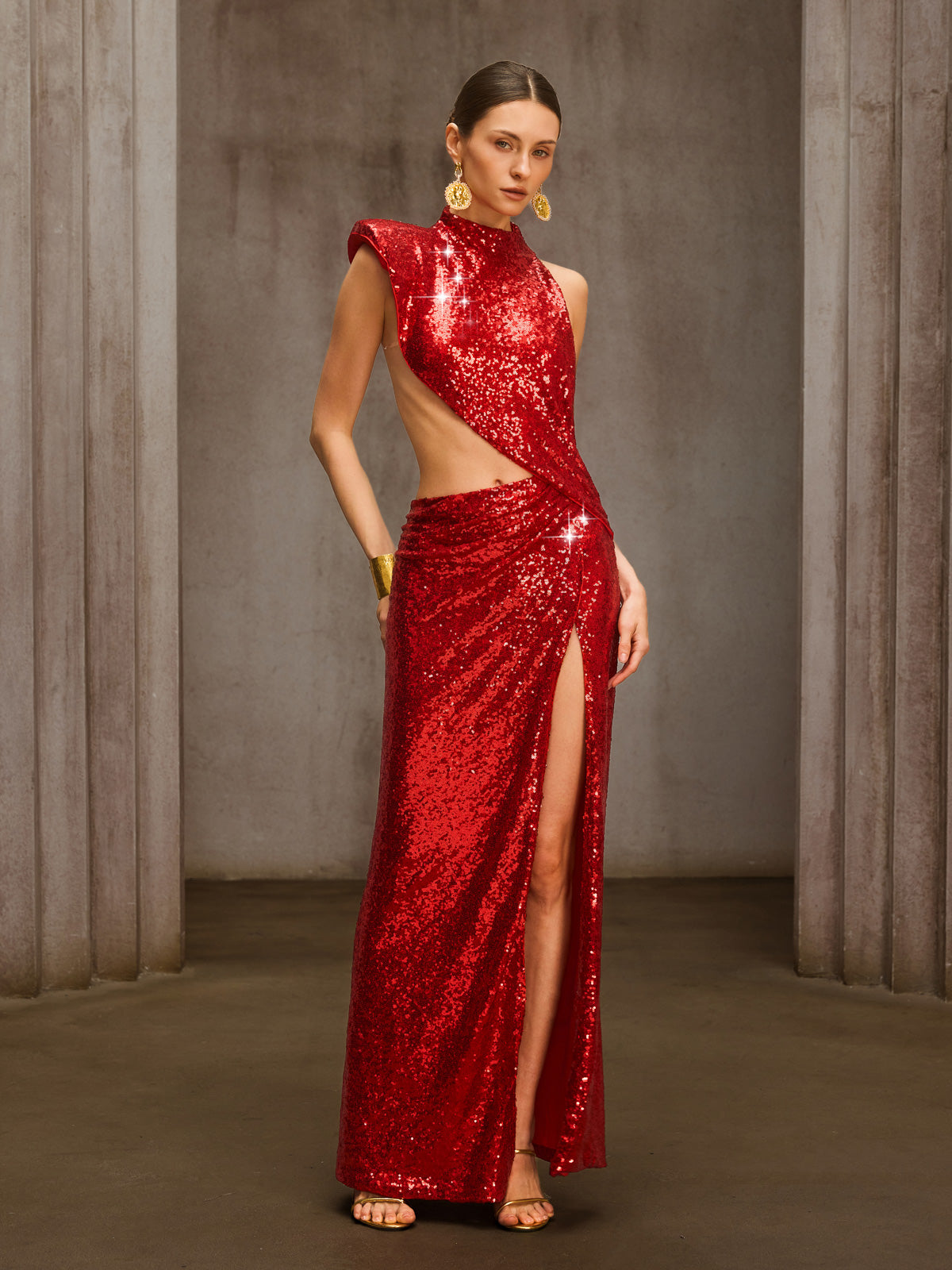 Delyxa Cutout Sequin Split Maxi Dress