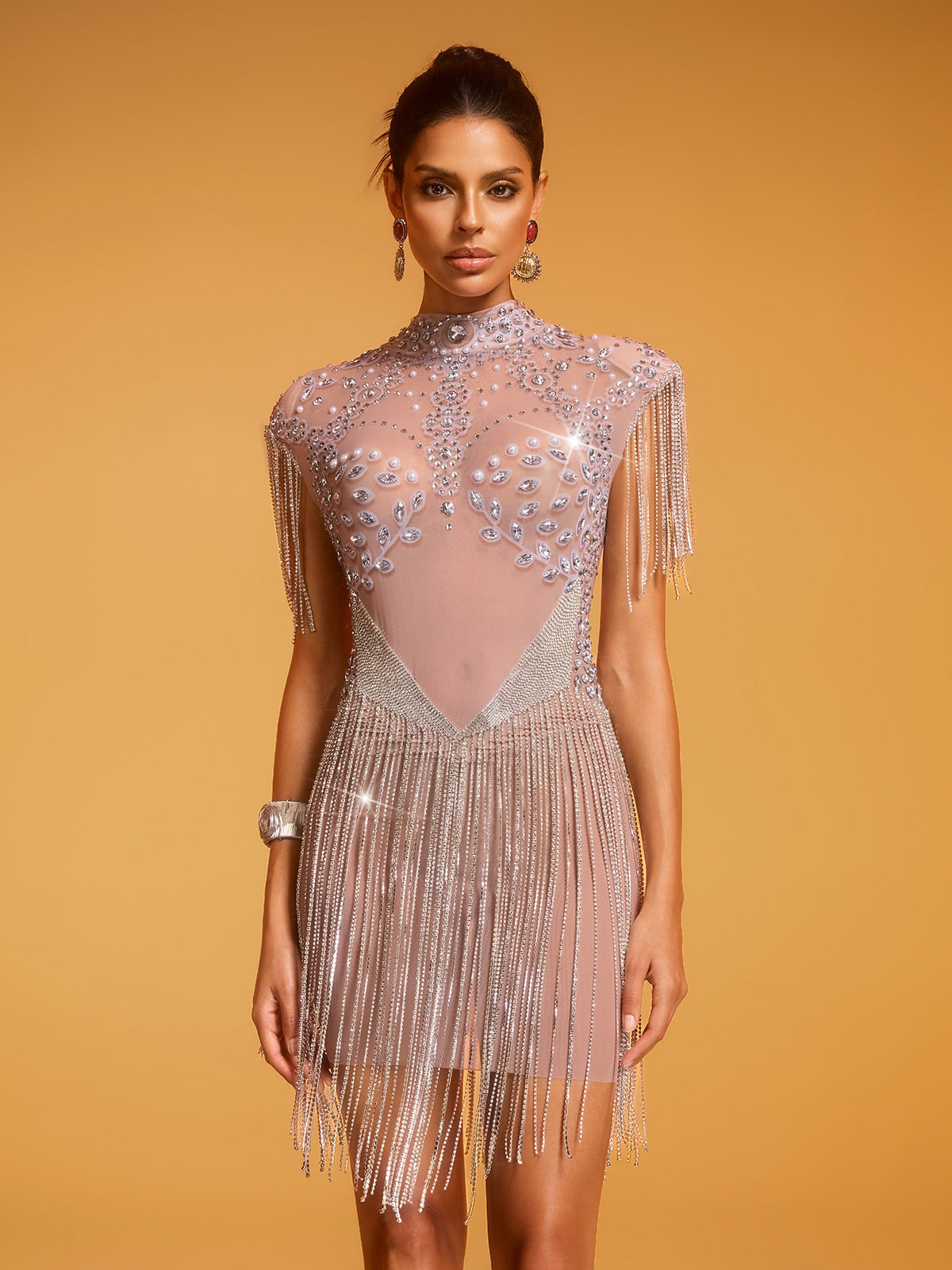 Doli Pearl Rhinestone Fringe Mesh Dress - Image 5