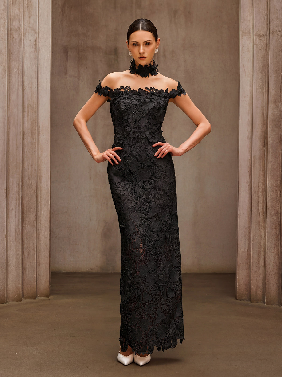 Dorona Flower Embroidered Maxi Dress In Black