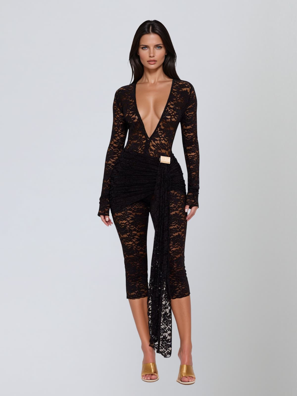Draelyric Plunge Neck Lace Capri Jumpsuit In Black
