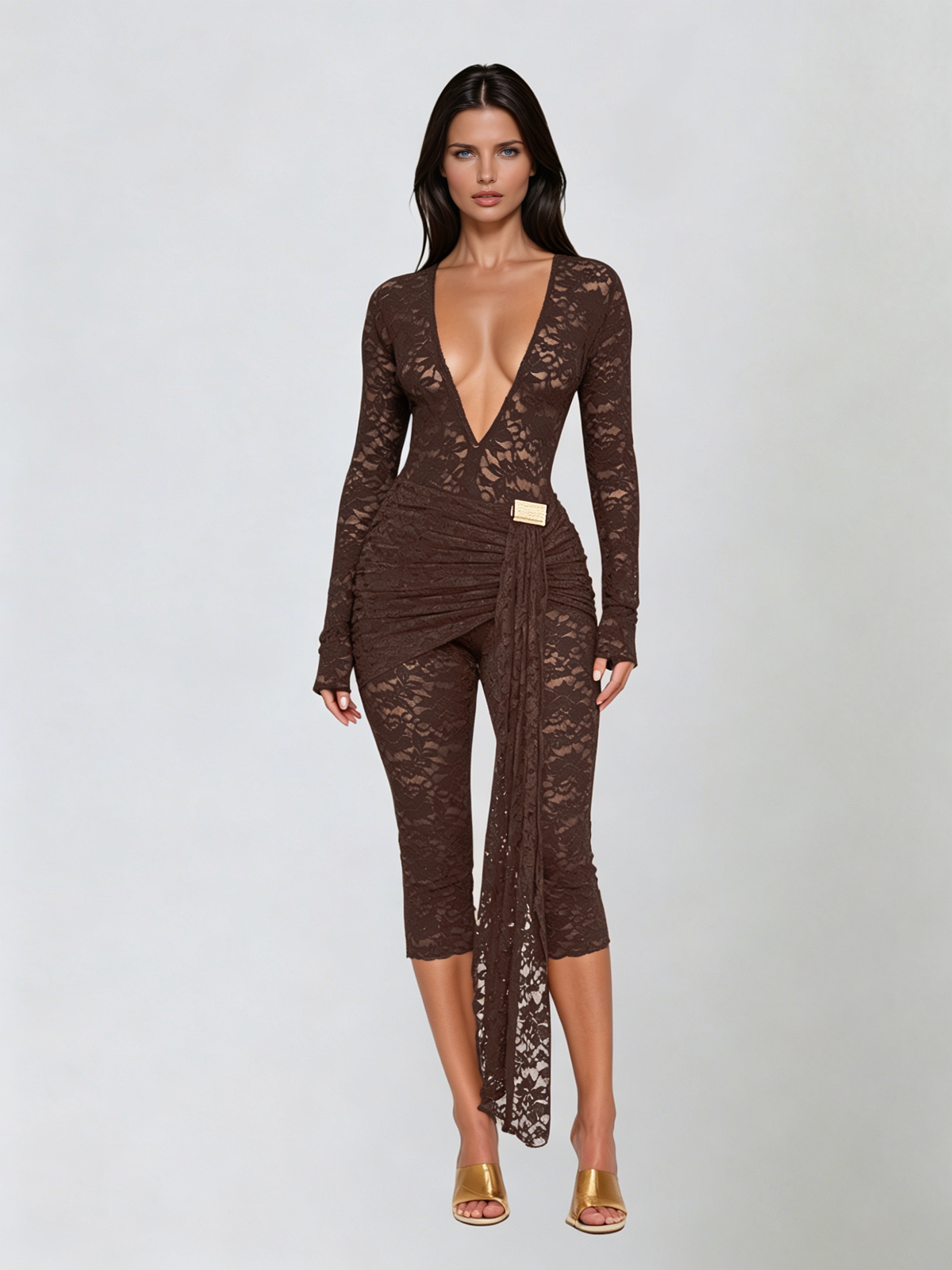 Draelyric Plunge Neck Lace Capri Jumpsuit In Coffee - Image 2