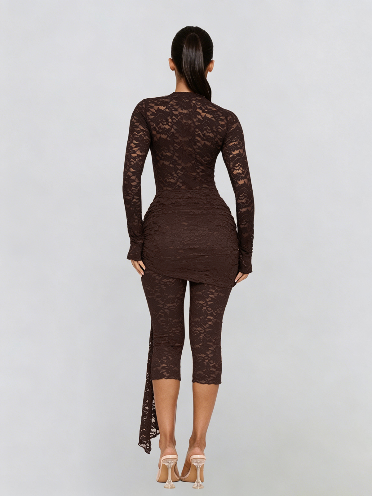 Draelyric Plunge Neck Lace Capri Jumpsuit In Coffee - Image 4