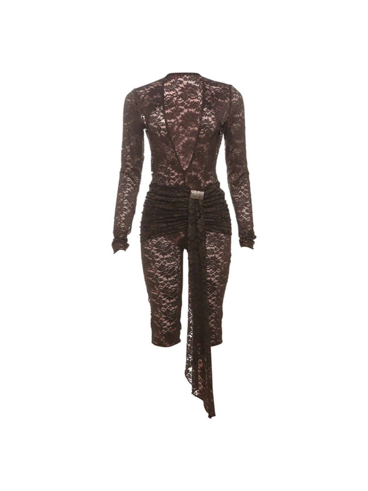 Draelyric Plunge Neck Lace Capri Jumpsuit In Coffee - Image 5