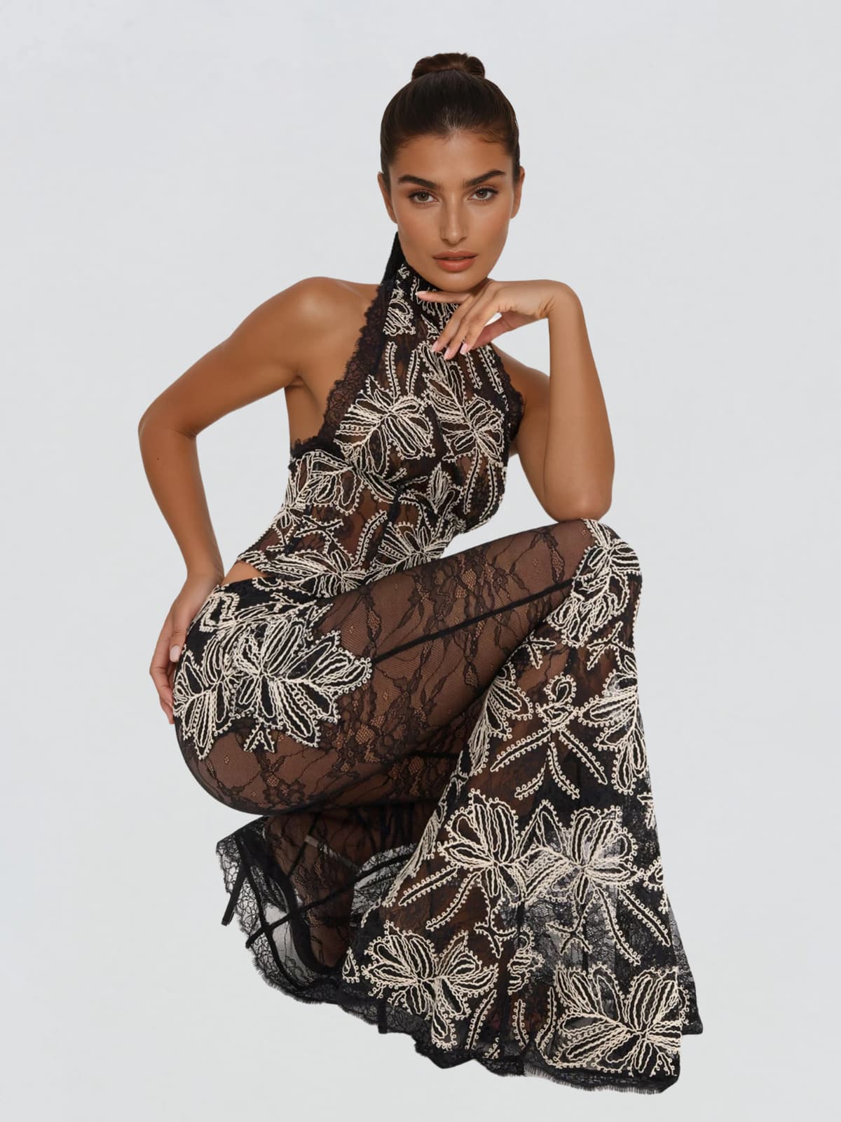 Dravique Halterneck Lace Floral Pants Set