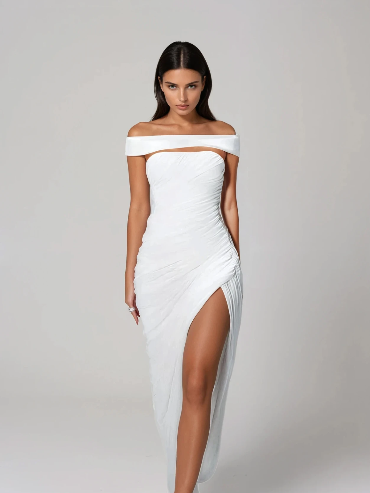 Draxenor Off Shoulder Ruched Split Maxi Dress