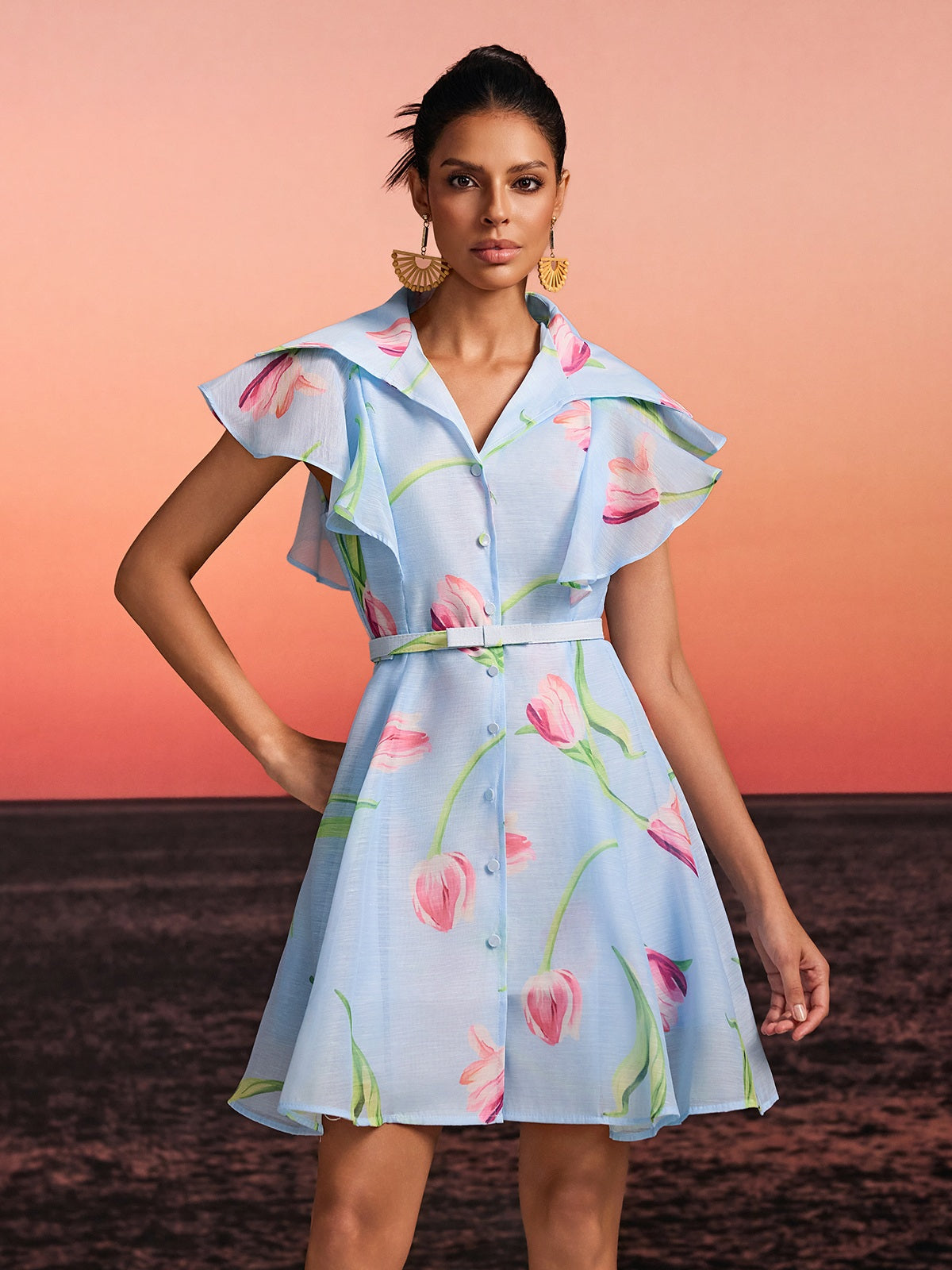 Drelin V Neck Floral Mini Dress With Belt