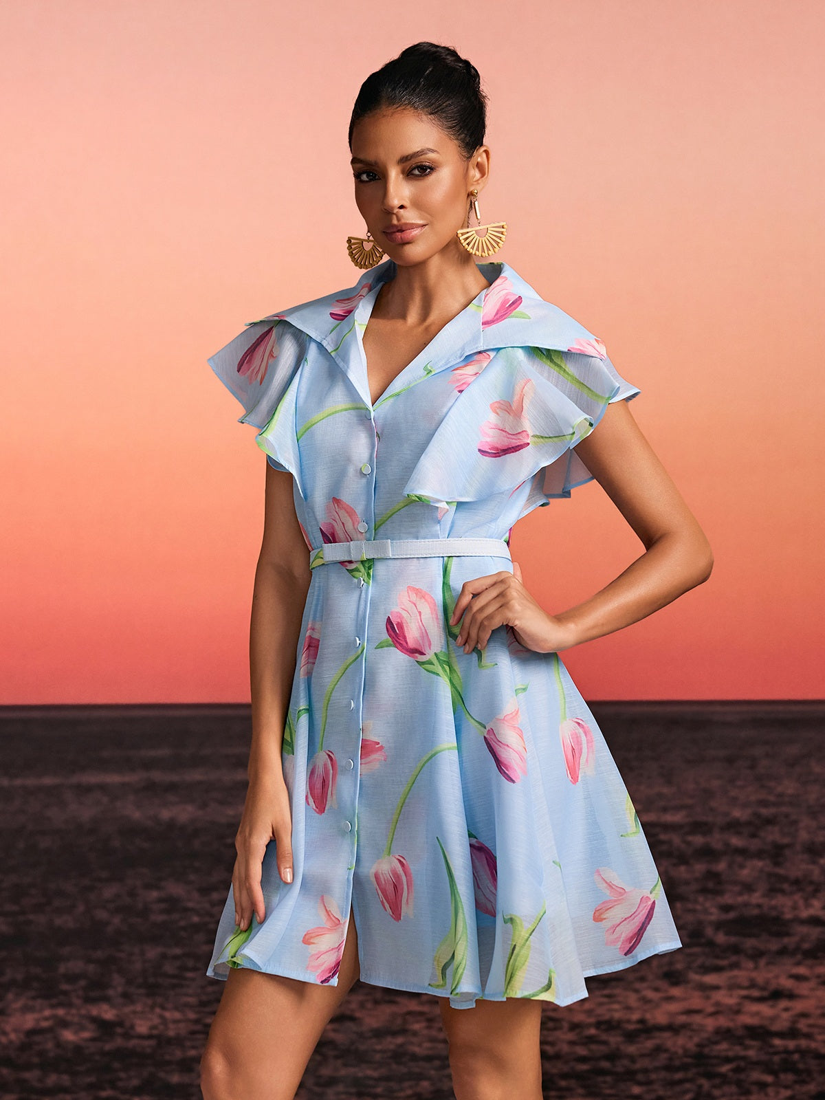 Drelin V Neck Floral Mini Dress With Belt - Image 2