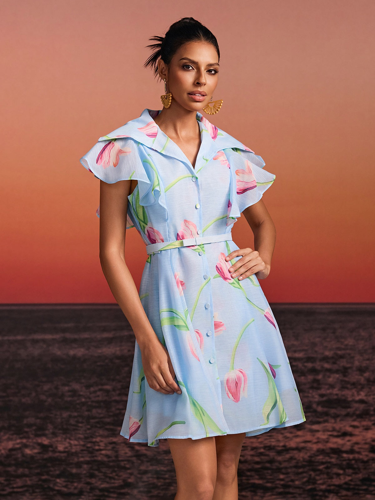 Drelin V Neck Floral Mini Dress With Belt - Image 3