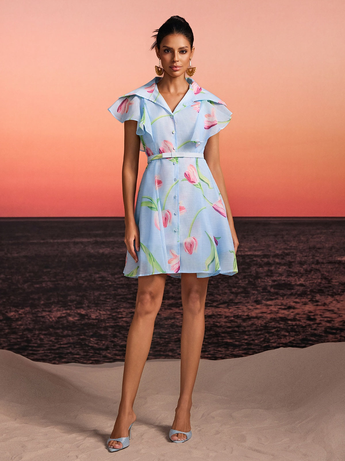 Drelin V Neck Floral Mini Dress With Belt - Image 4