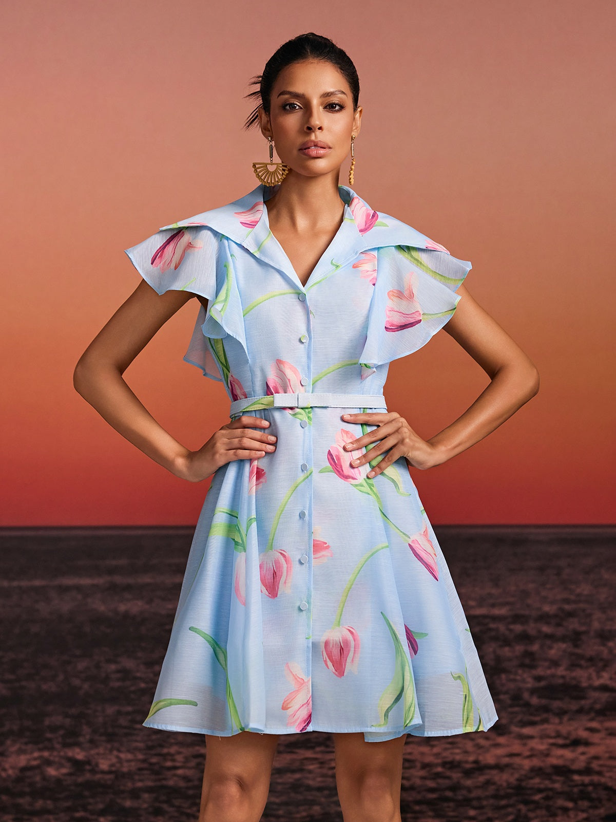 Drelin V Neck Floral Mini Dress With Belt - Image 5
