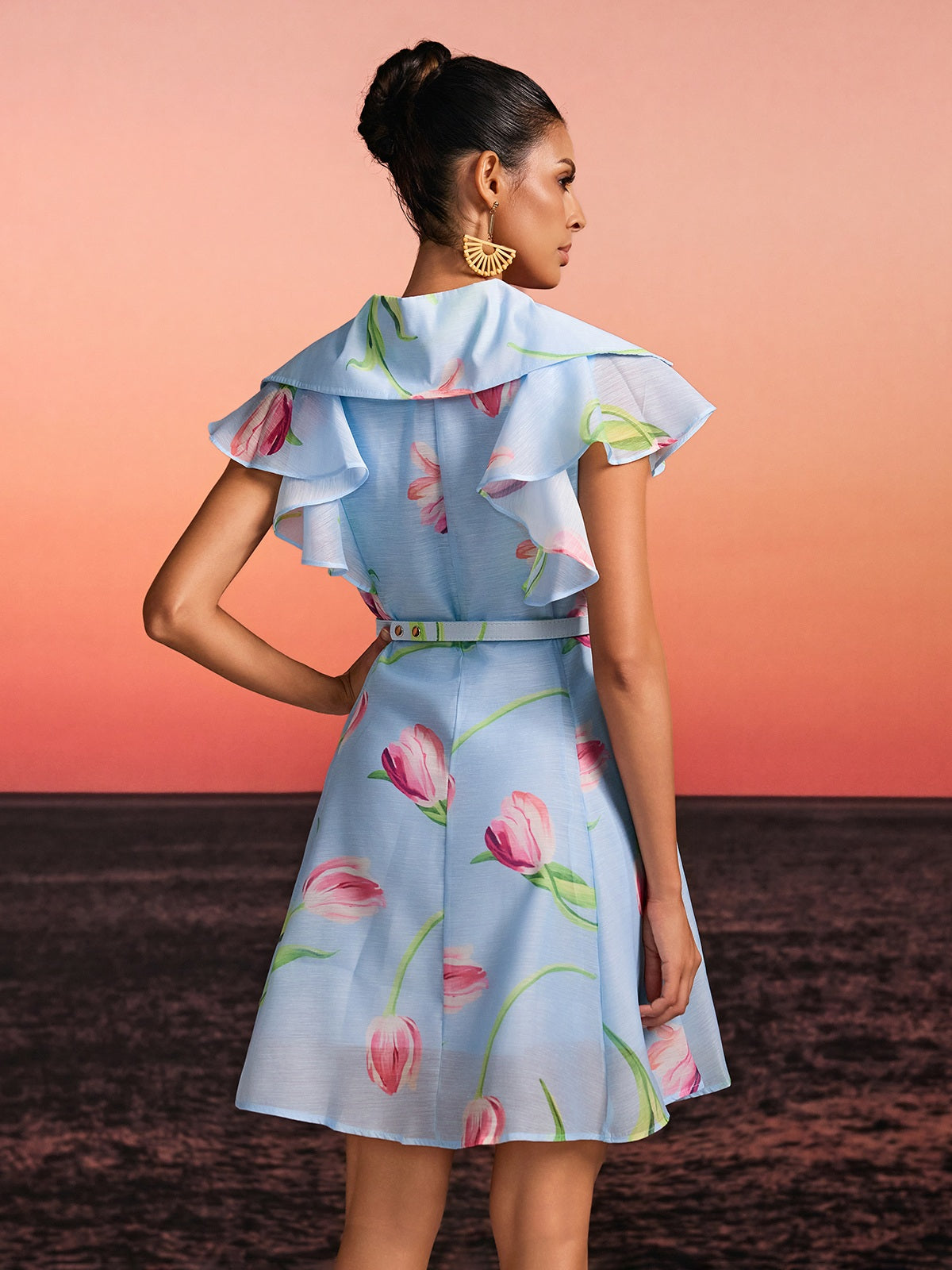 Drelin V Neck Floral Mini Dress With Belt - Image 6
