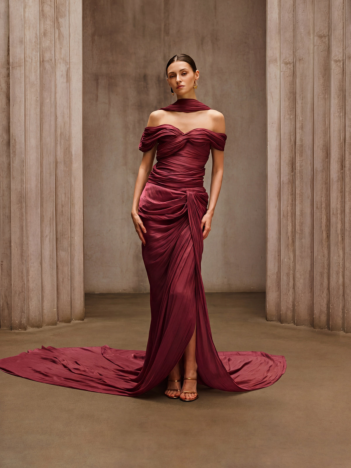 Drexen Off Shoulder Draped Maxi Dress In Wine