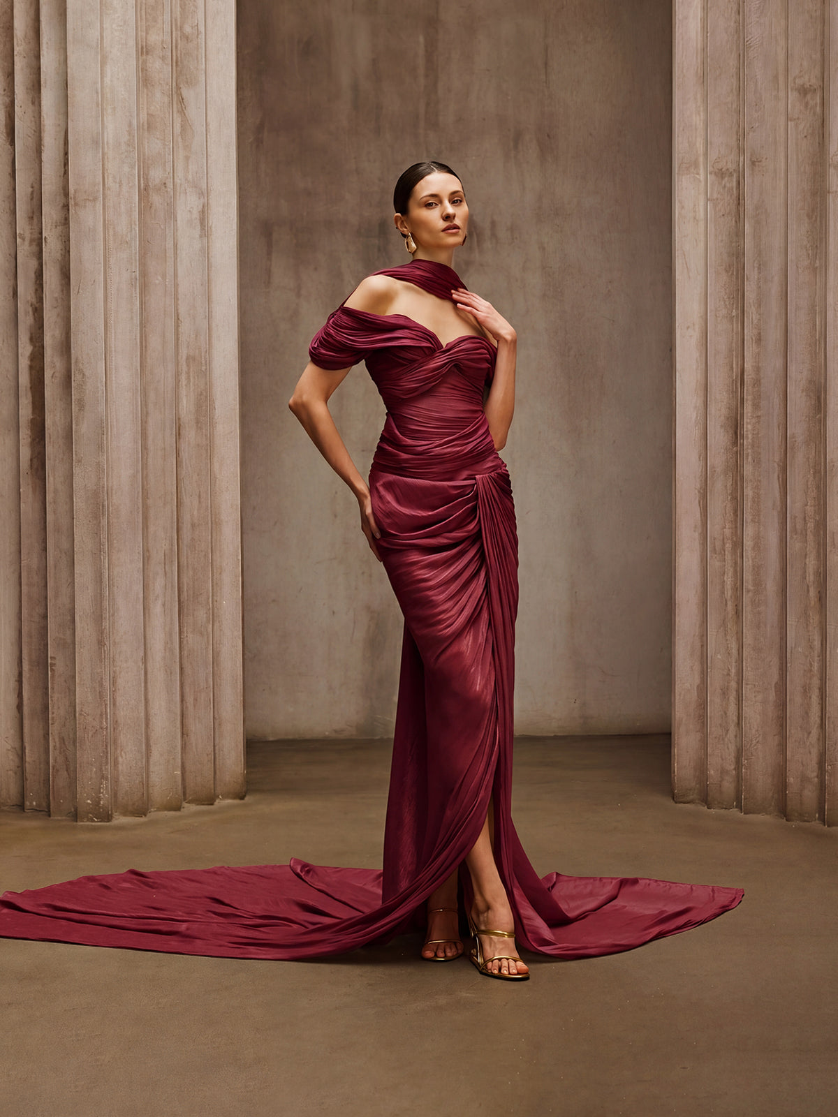 Drexen Off Shoulder Draped Maxi Dress In Wine - Image 2