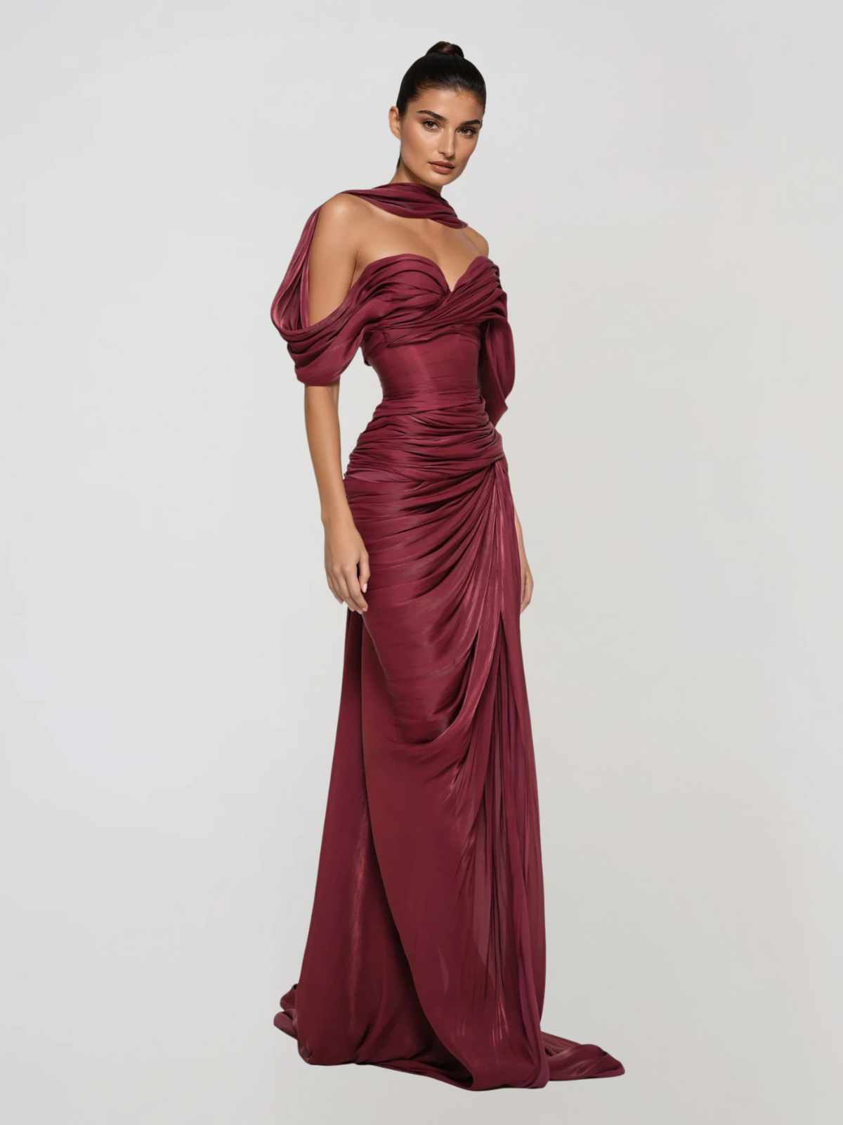 Drexen Off Shoulder Draped Maxi Dress In Wine - Image 2
