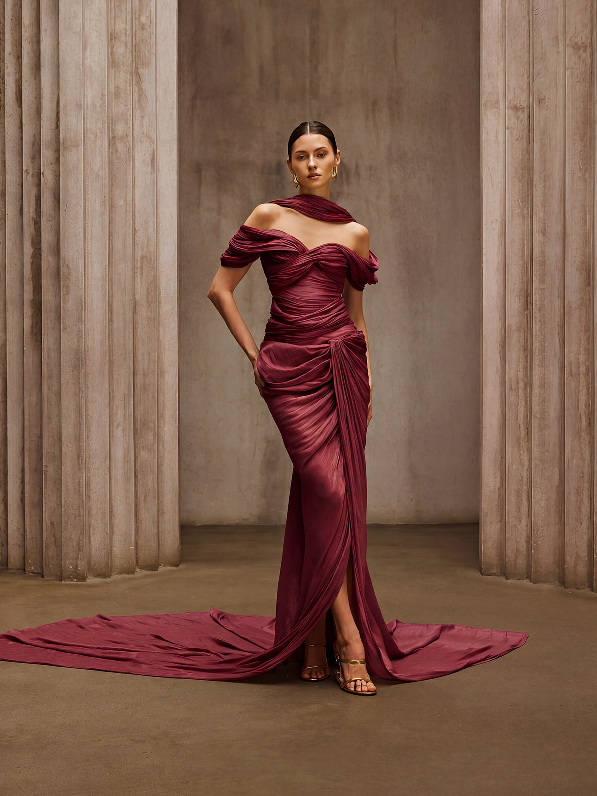 Drexen Off Shoulder Draped Maxi Dress In Wine - Image 3