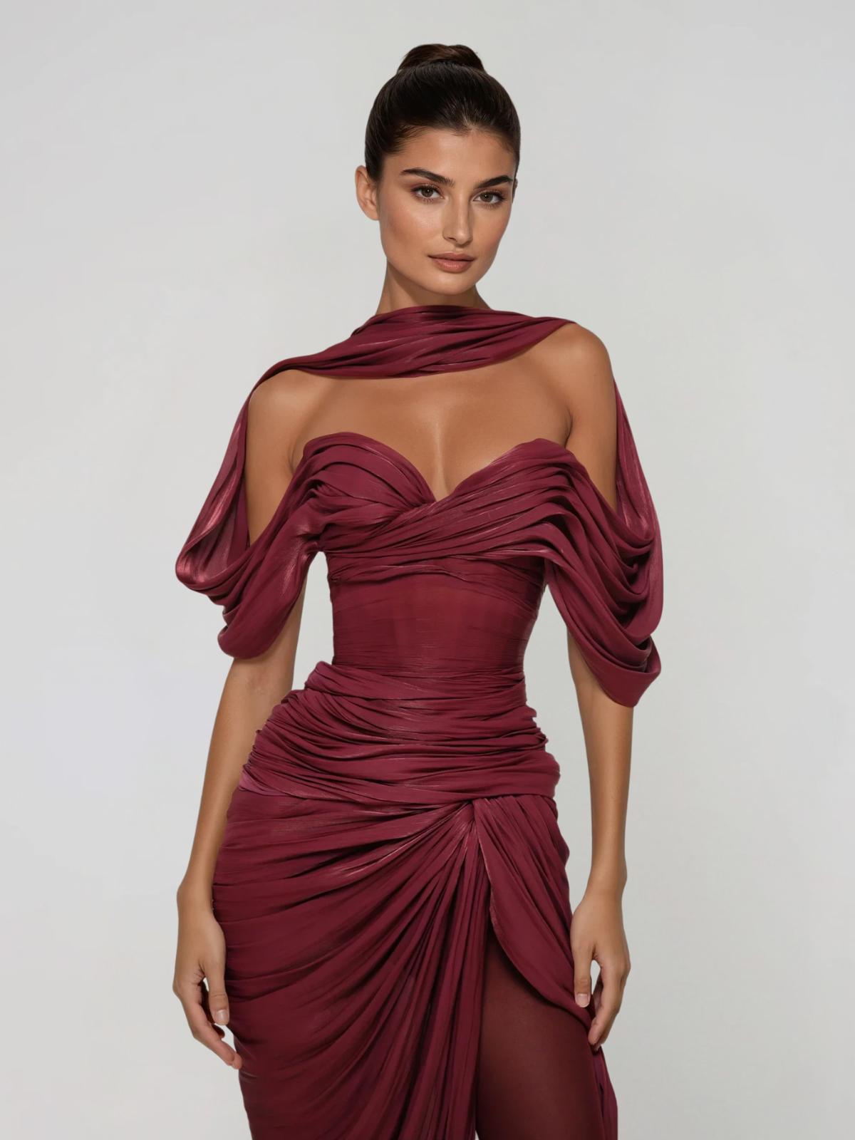 Drexen Off Shoulder Draped Maxi Dress In Wine - Image 3