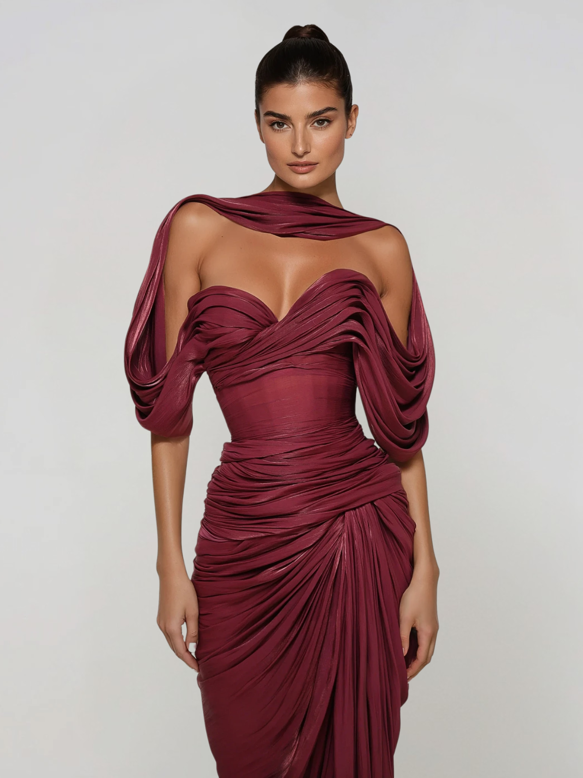 Drexen Off Shoulder Draped Maxi Dress In Wine - Image 4