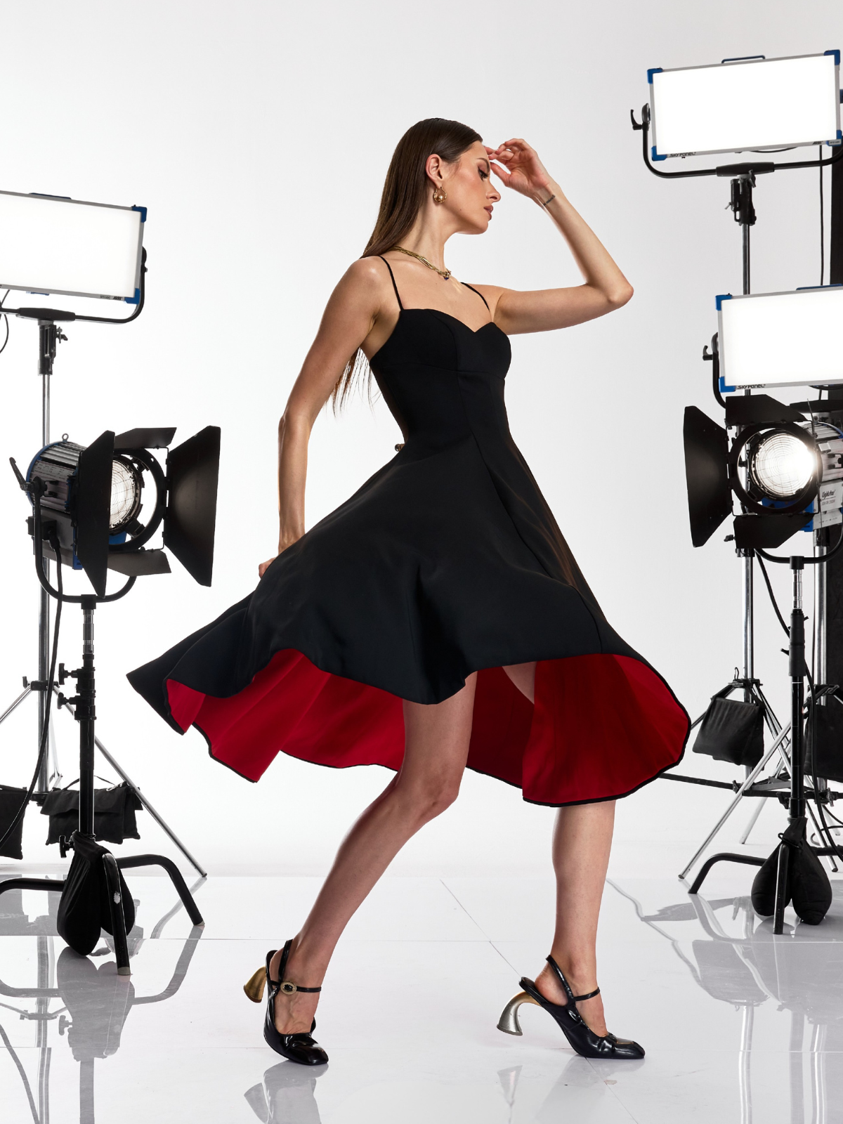 Drynex Spaghetti Red Sole Flared Midi Dress