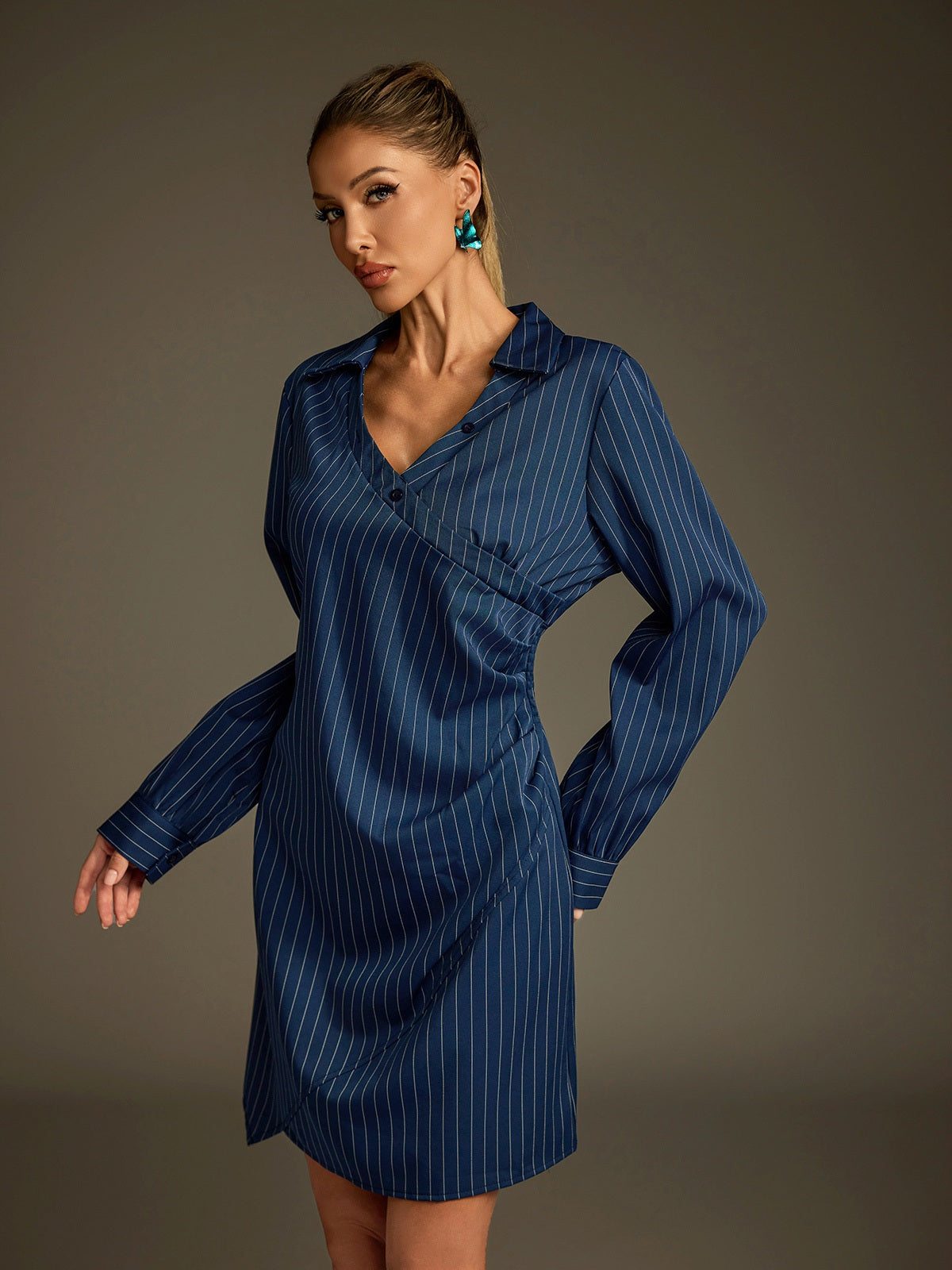 Dunite Folded Collar Stripe Mini Shirt Dress - Image 5