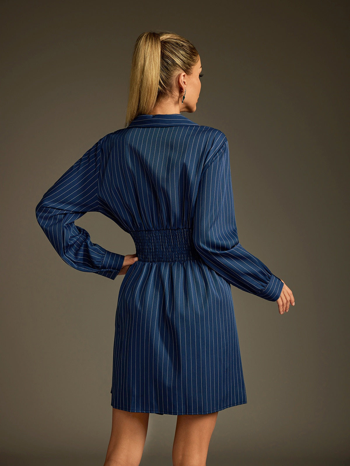 Dunite Folded Collar Stripe Mini Shirt Dress - Image 6