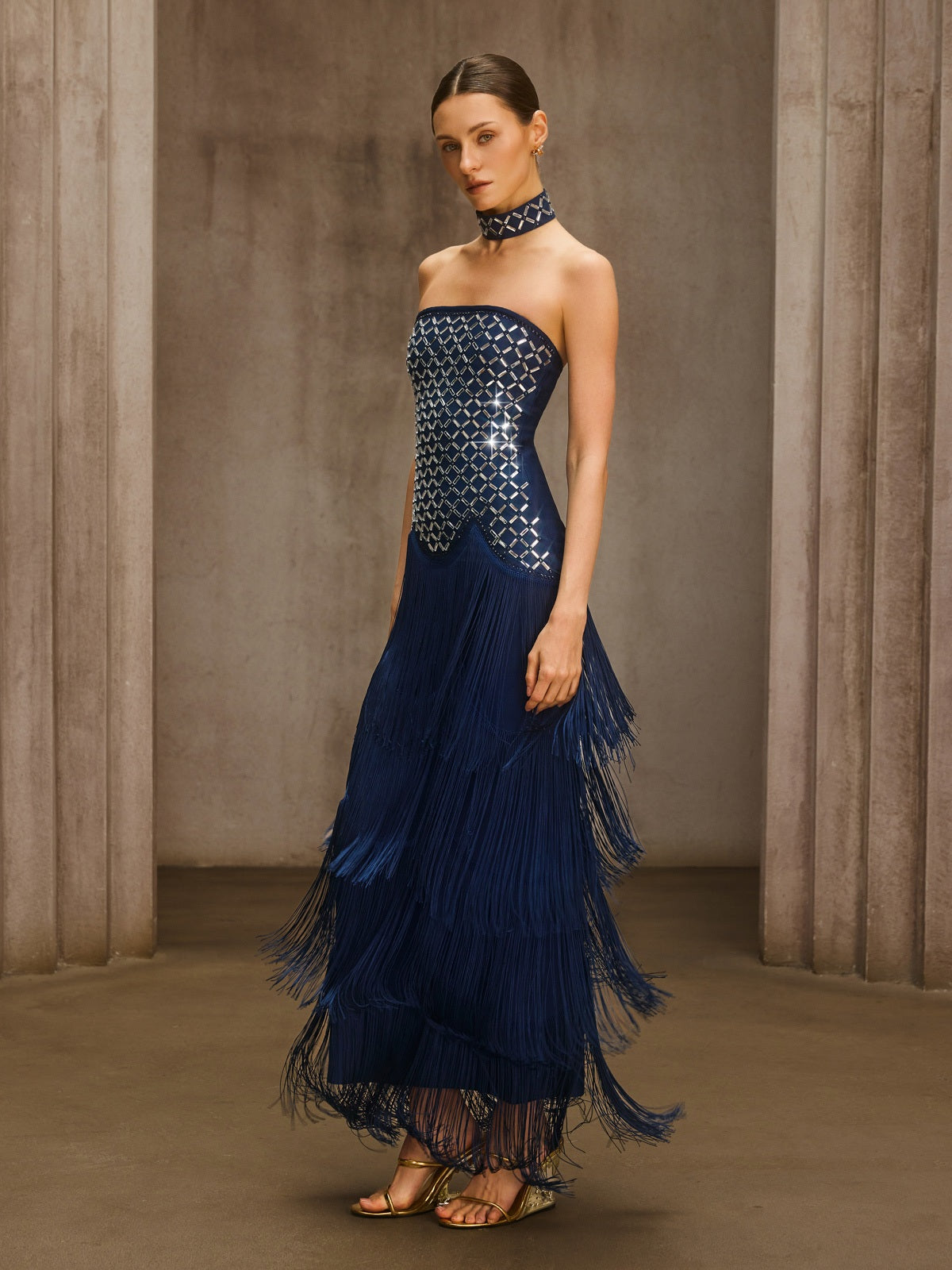 Dunlap Strapless Rhinestone Fringe Maxi Dress - Image 3