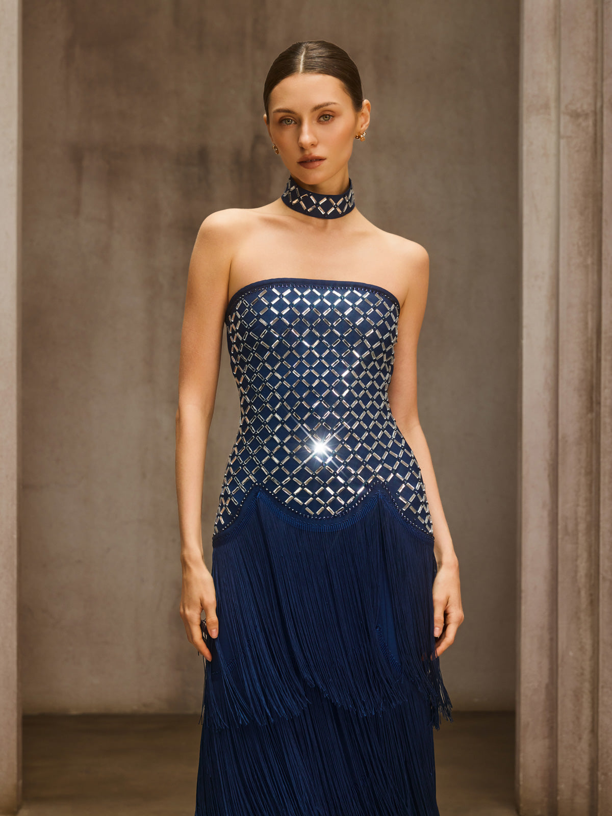 Dunlap Strapless Rhinestone Fringe Maxi Dress - Image 5