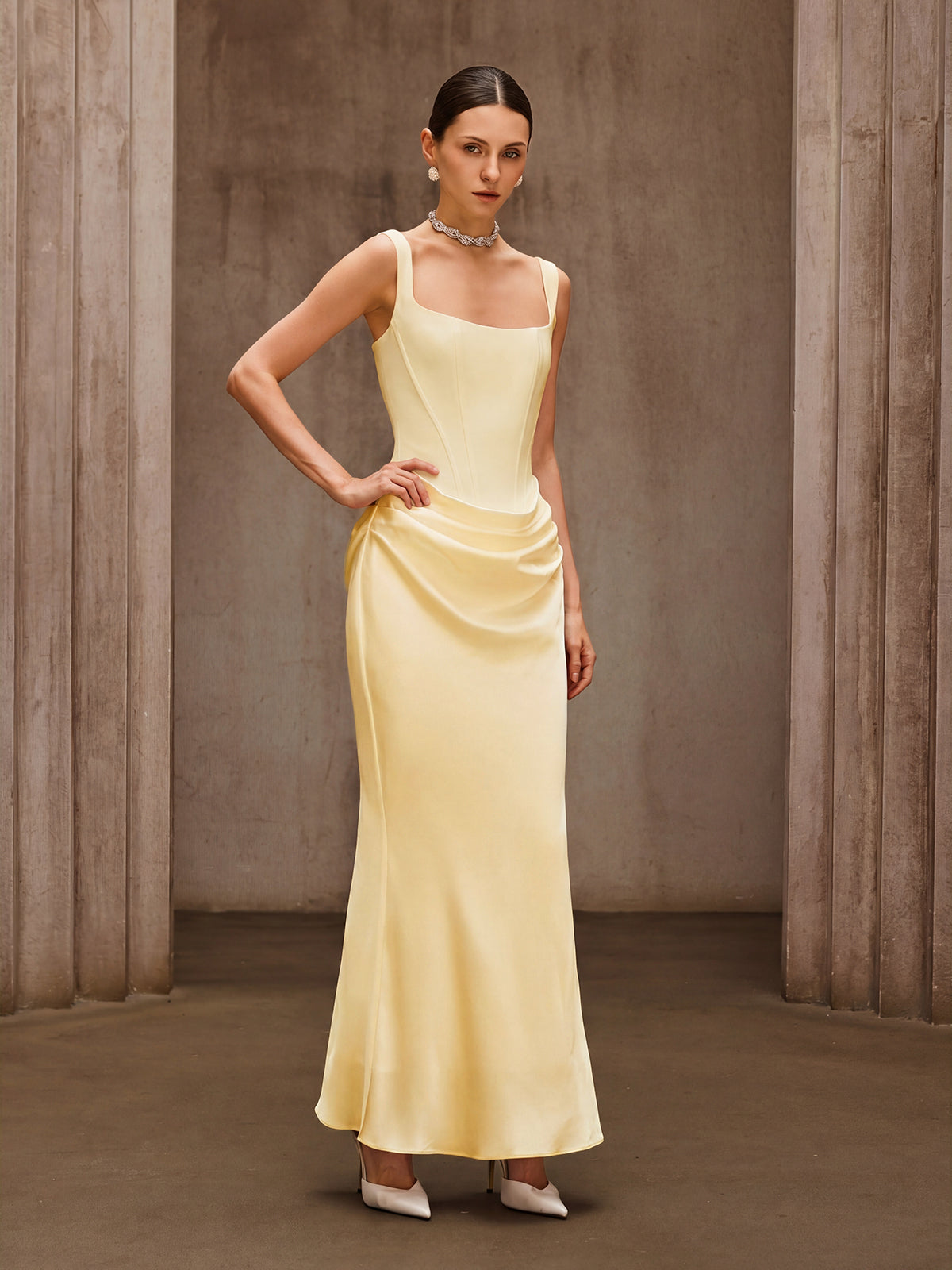 Duyen Sleeveless Corset Maxi Dress In Beige - Image 3
