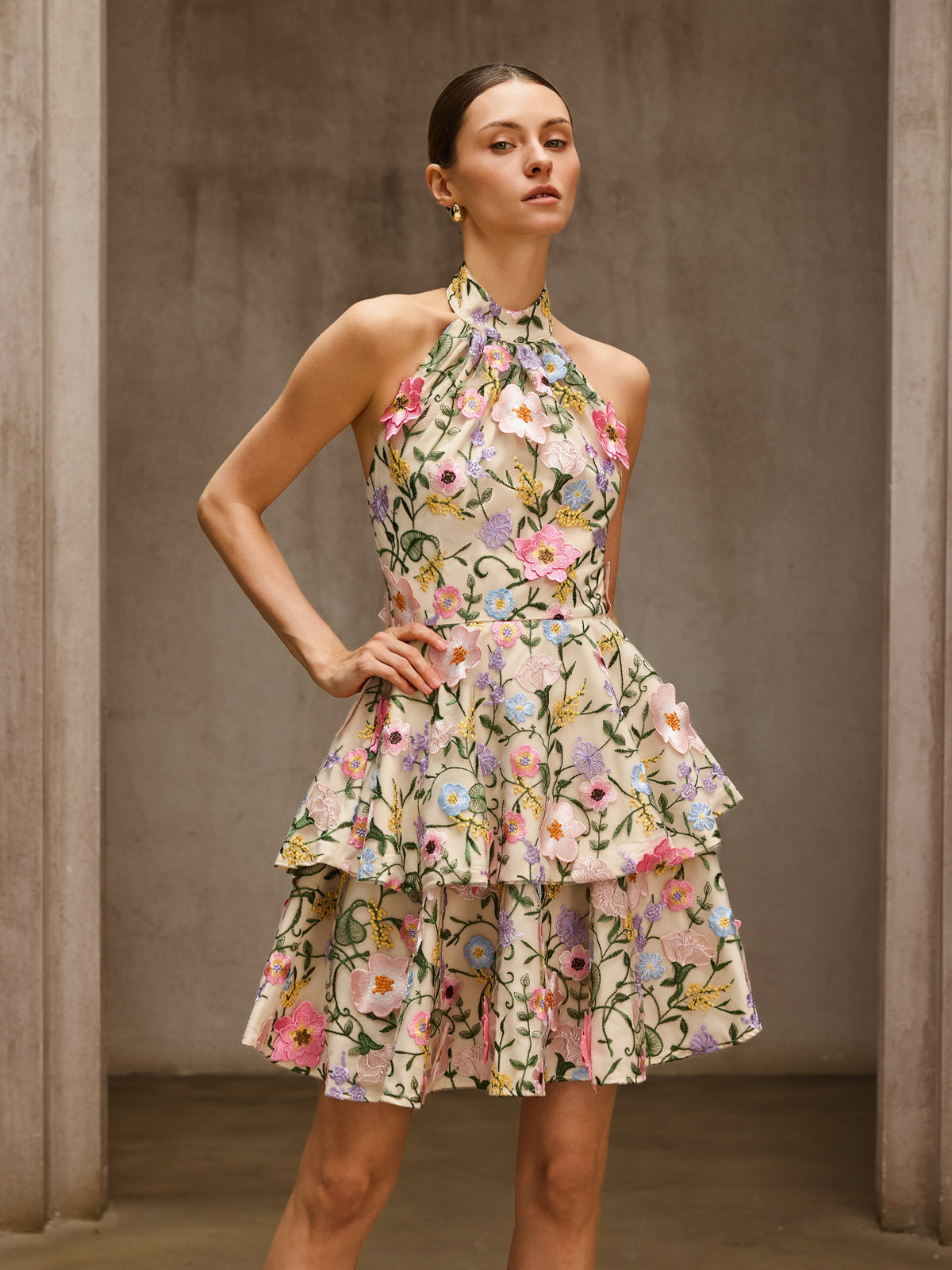 Dyllis Halterneck Flower Embroidered Mini Dress