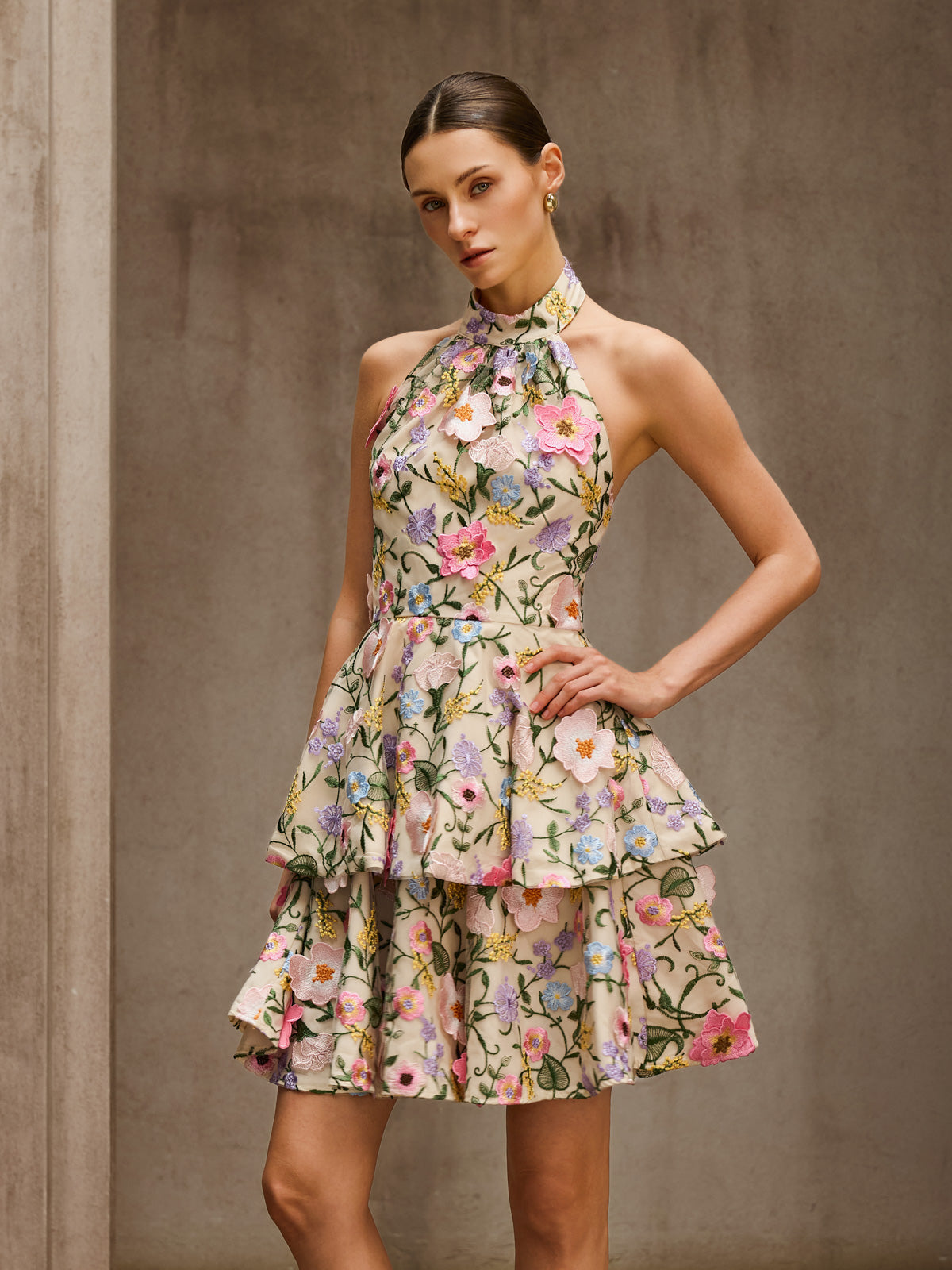 Dyllis Halterneck Flower Embroidered Mini Dress - Image 2