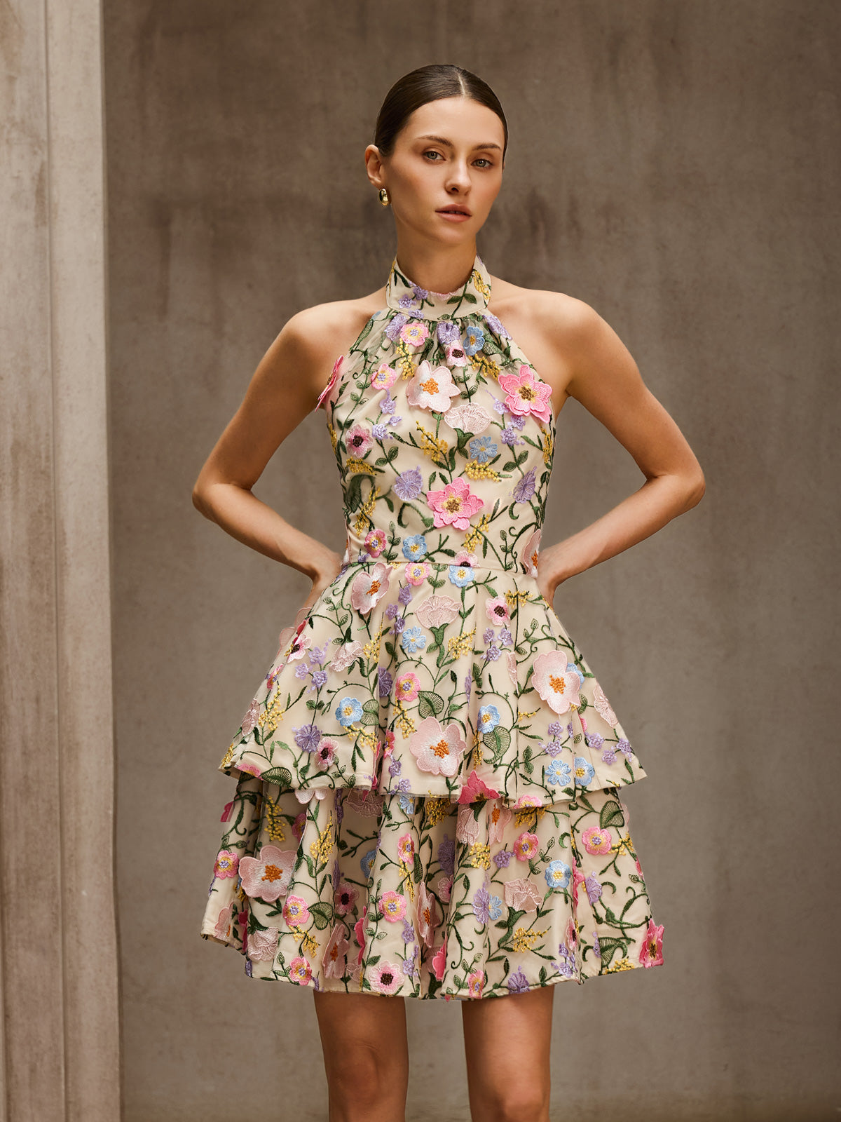 Dyllis Halterneck Flower Embroidered Mini Dress - Image 3