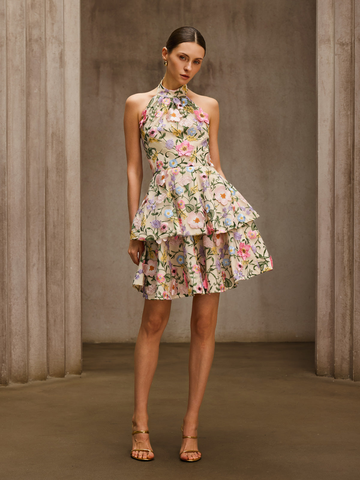 Dyllis Halterneck Flower Embroidered Mini Dress - Image 4