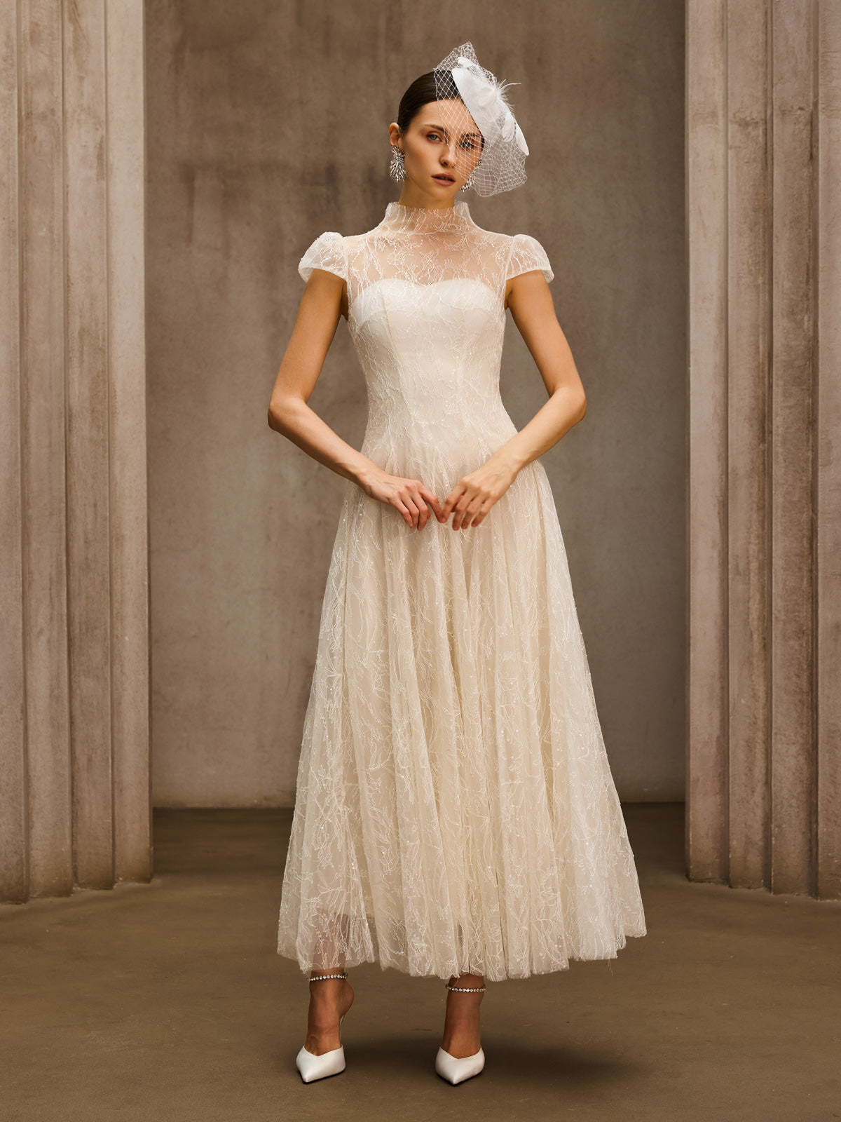 Dyzma Sequin Lace Midi Dress In White