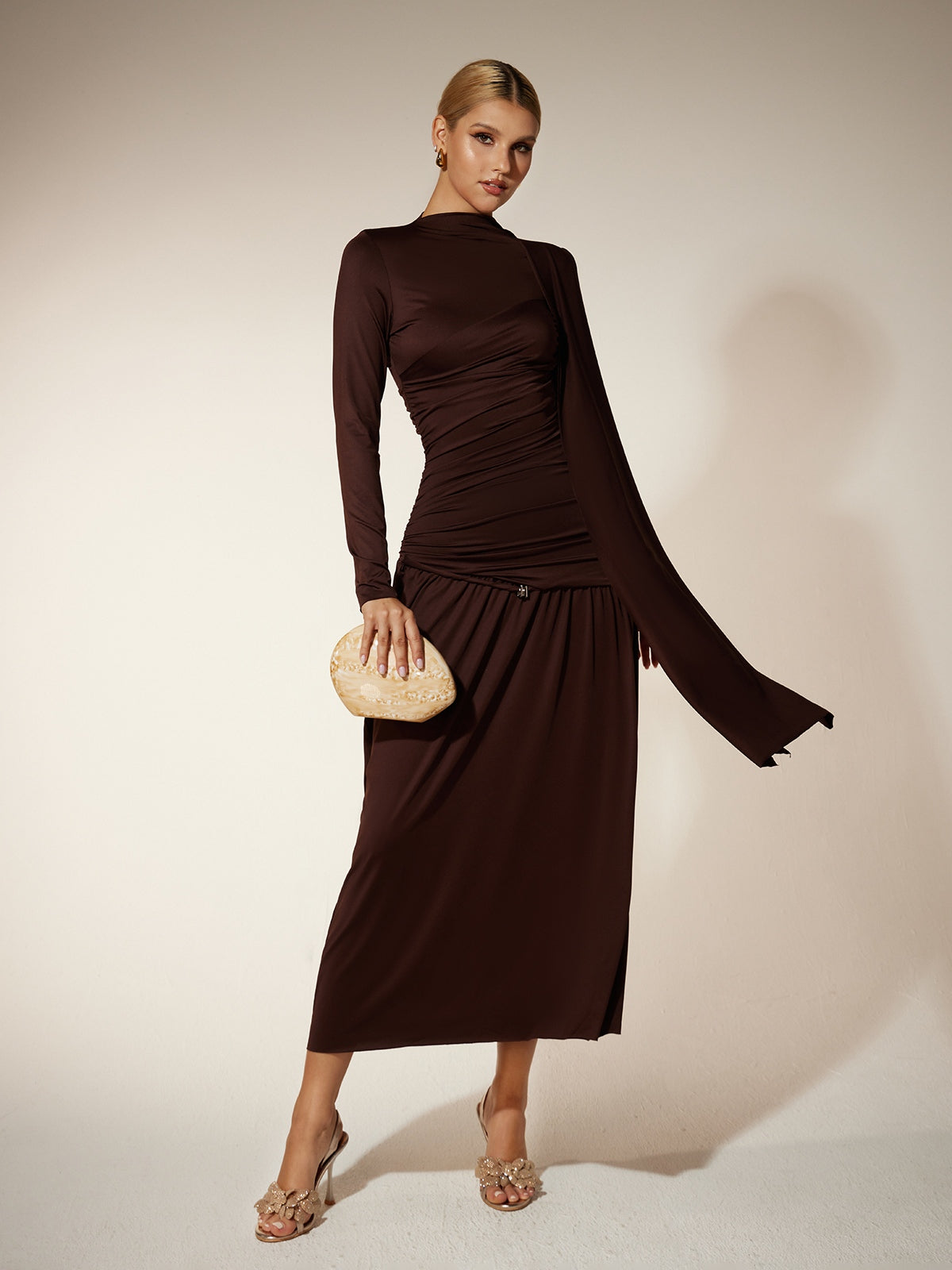 Eitan Long Sleeve Ruched Draped Midi Dress - Image 2