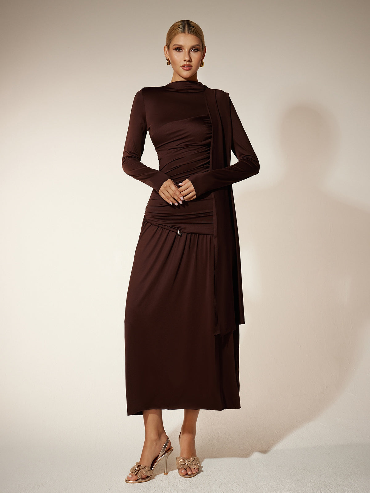 Eitan Long Sleeve Ruched Draped Midi Dress - Image 3