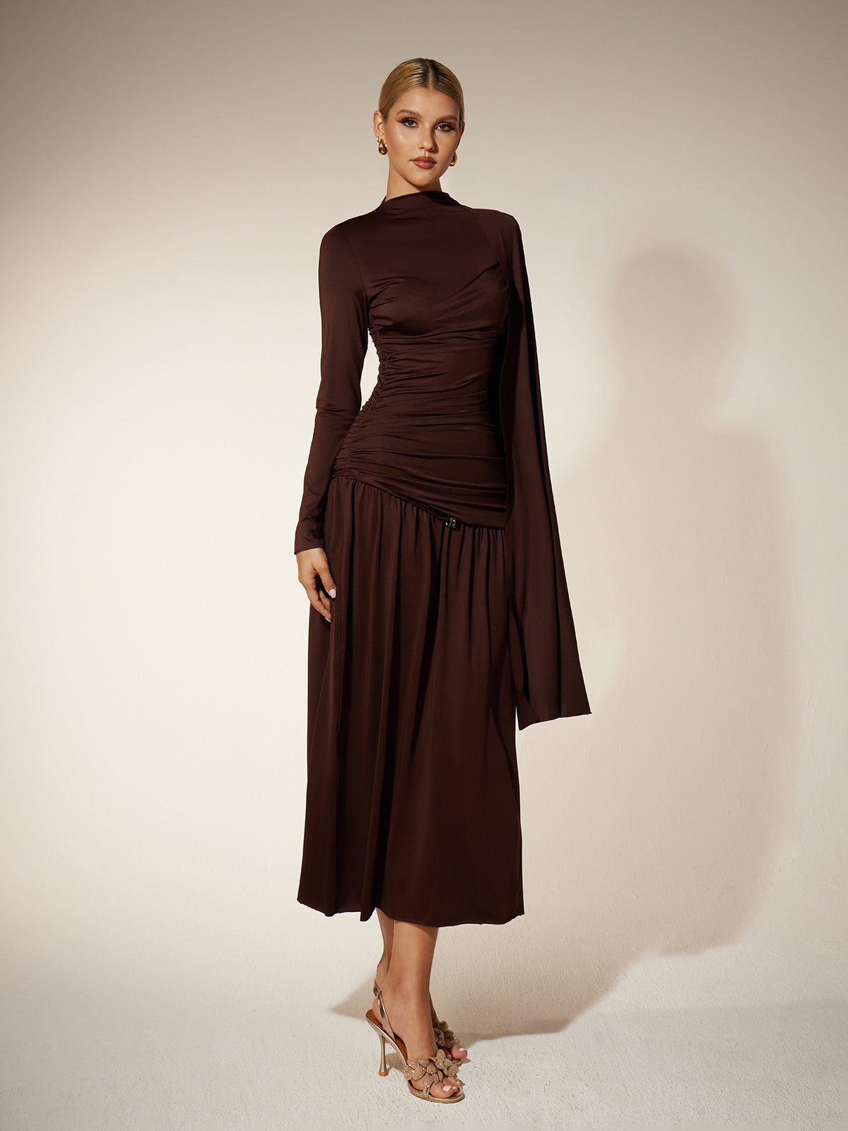 Eitan Long Sleeve Ruched Draped Midi Dress - Image 4
