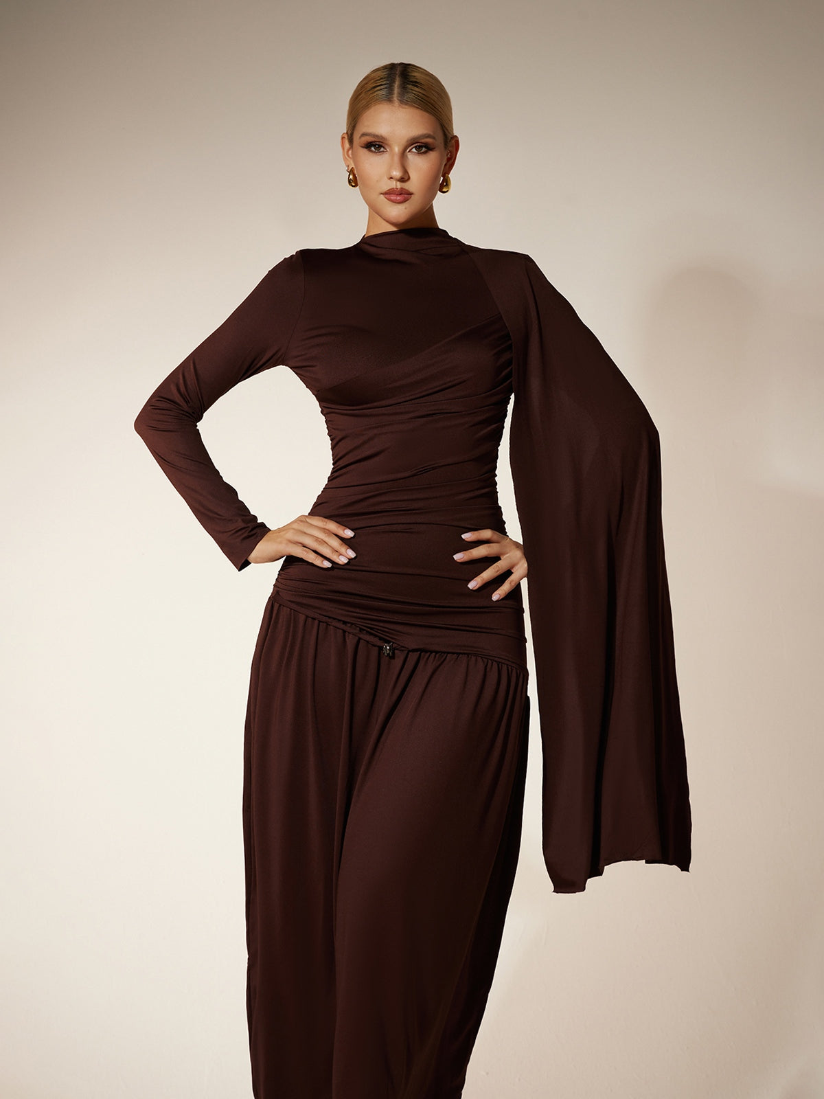 Eitan Long Sleeve Ruched Draped Midi Dress - Image 5