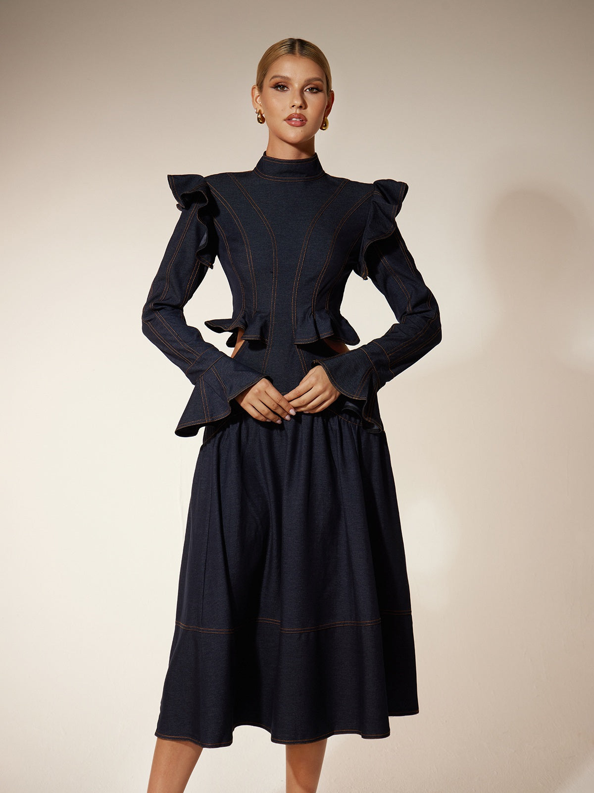 Ekkeko Flare Sleeve Cutout Denim Dress - Image 2