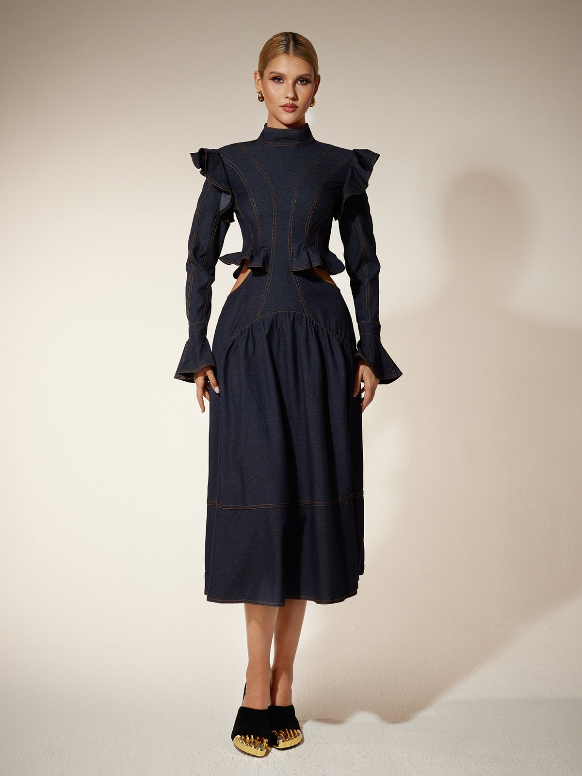 Ekkeko Flare Sleeve Cutout Denim Dress - Image 3