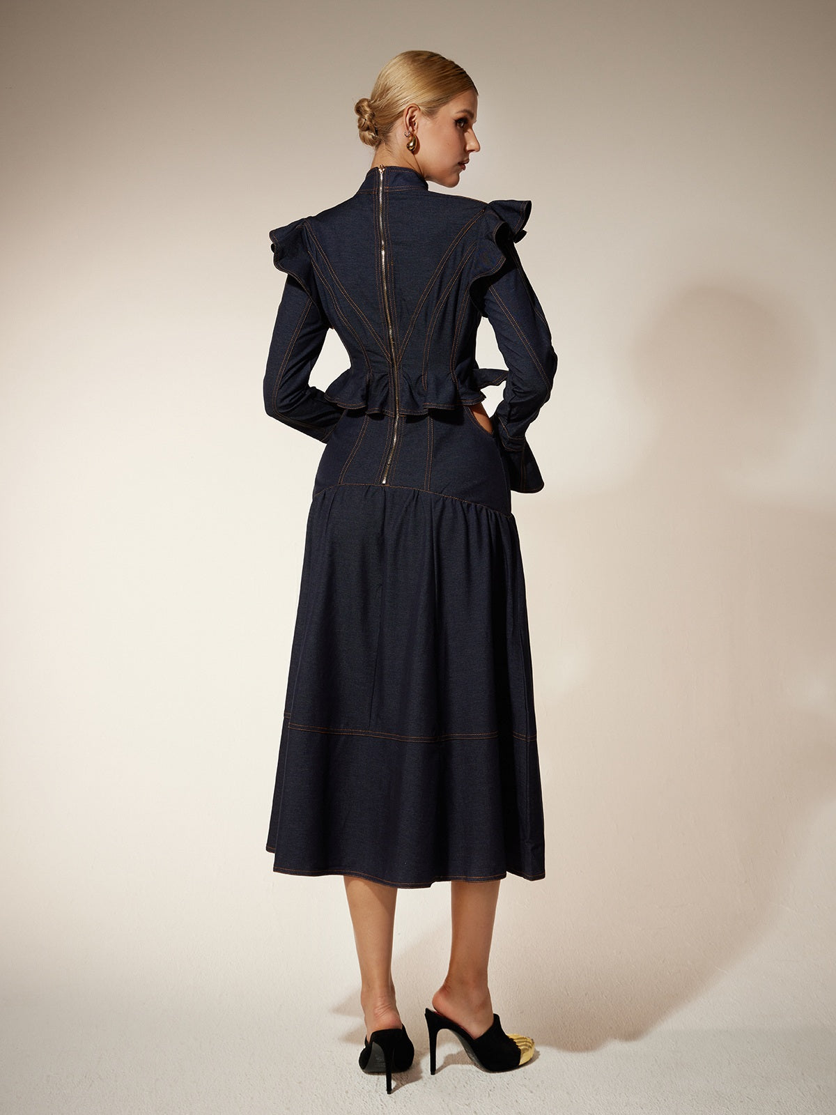 Ekkeko Flare Sleeve Cutout Denim Dress - Image 6