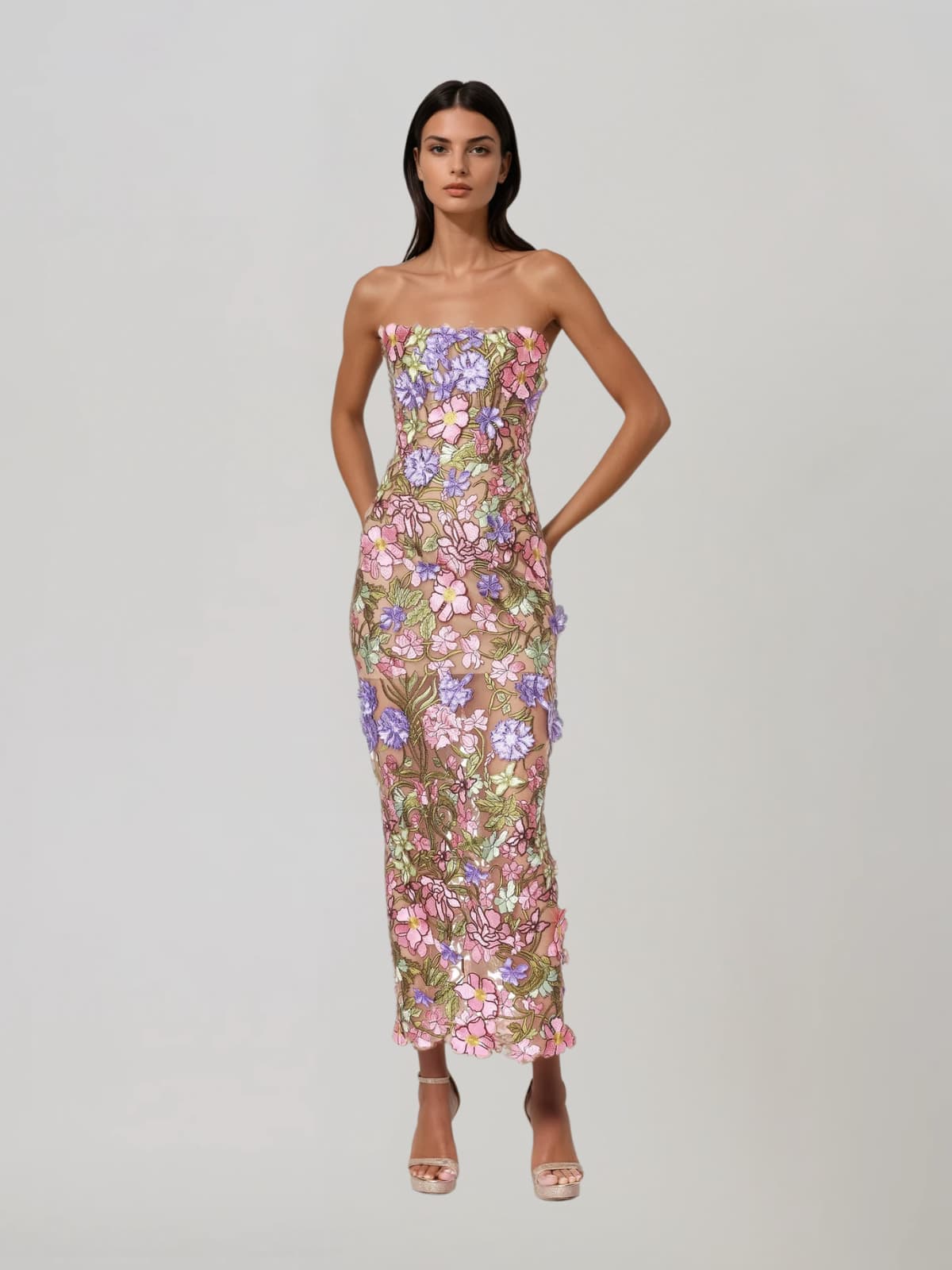 Eldrith Strapless Floral Embroidered Maxi Dress