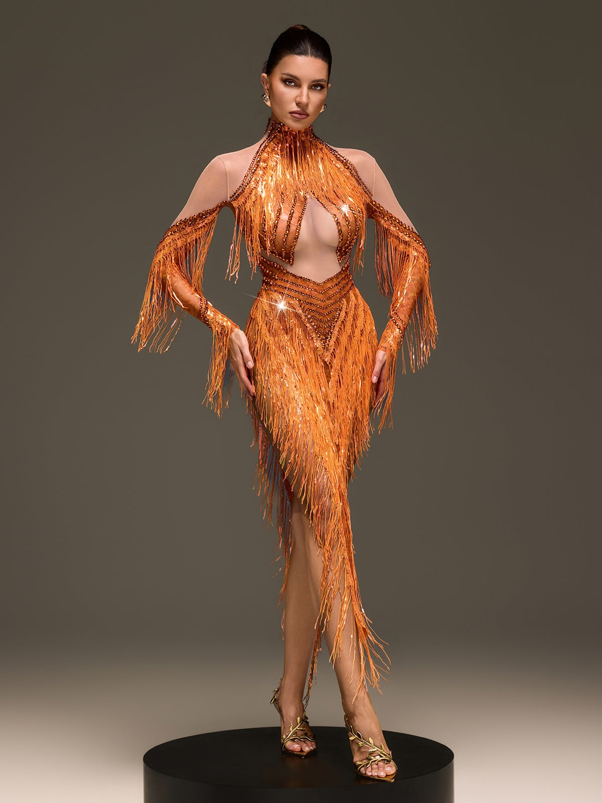 Ervanel High Neck Fringe Diamond Bodysuit