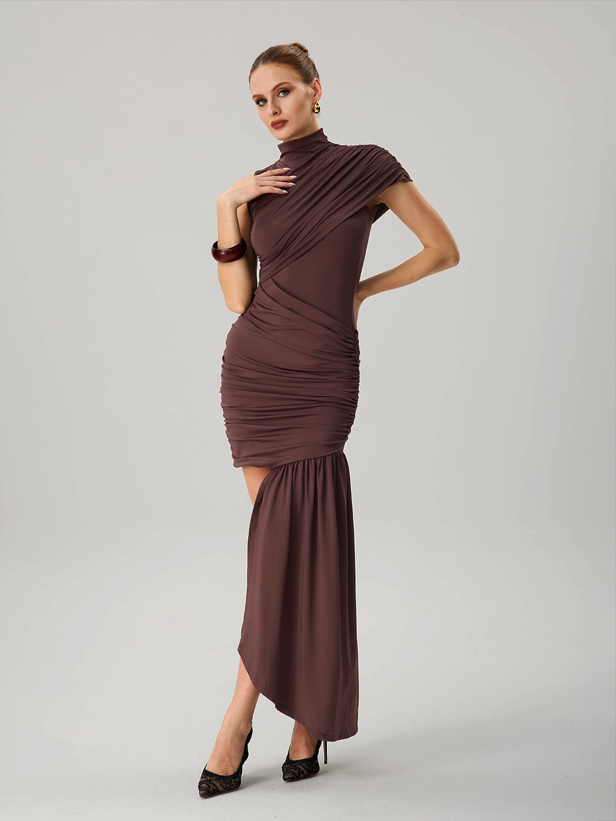 Fauna High Neck Ruched Asymmetric Dress - Image 2