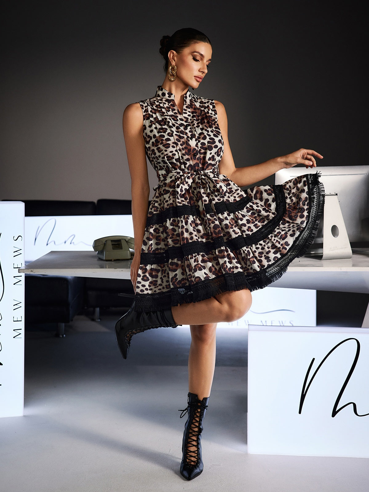 Fermina Sleeveless Leopard Tie Up Mini Dress - Image 2