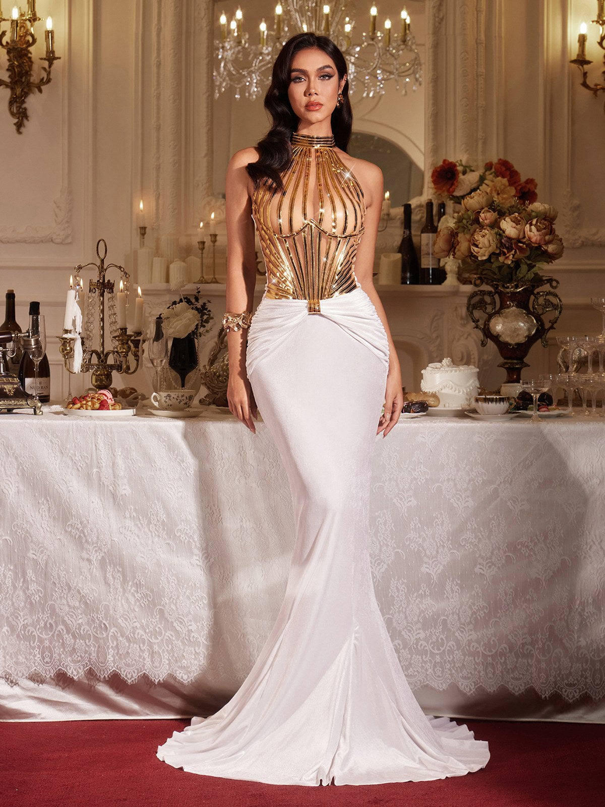 Finnur Halterneck Ruched Maxi Dress