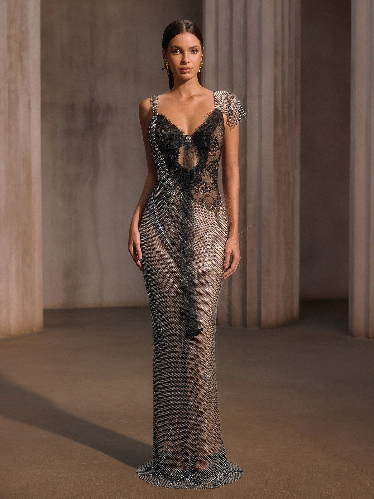 Forynex Rhinestone Mesh Lace Maxi Dress - Image 3