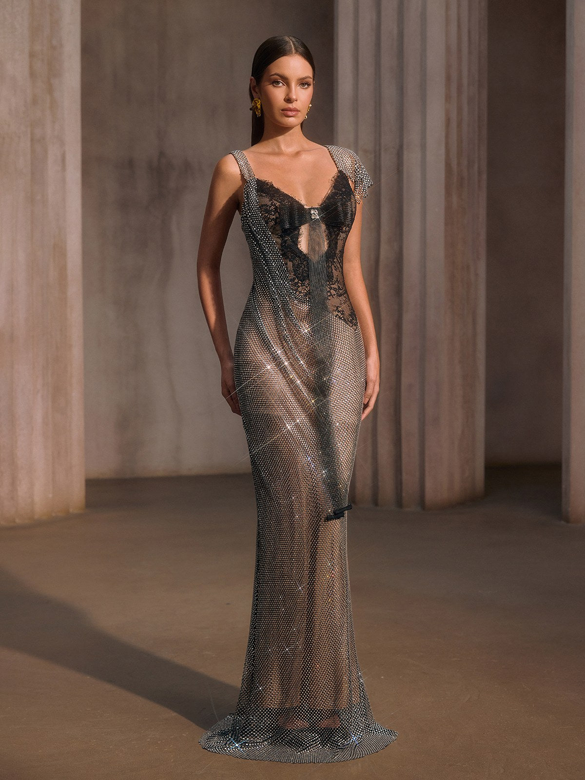 Forynex Rhinestone Mesh Lace Maxi Dress - Image 4