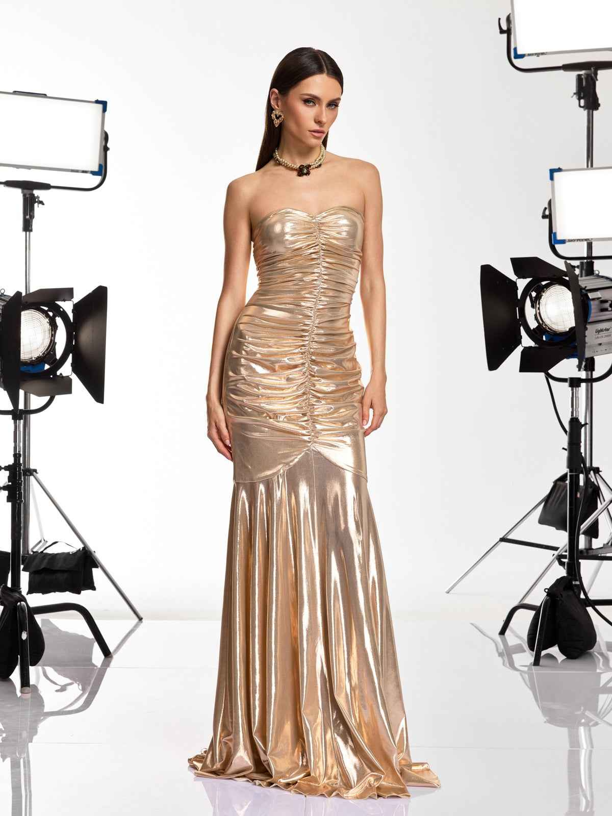 Fovryn Strapless Ruched Metallic Maxi Dress - Image 3