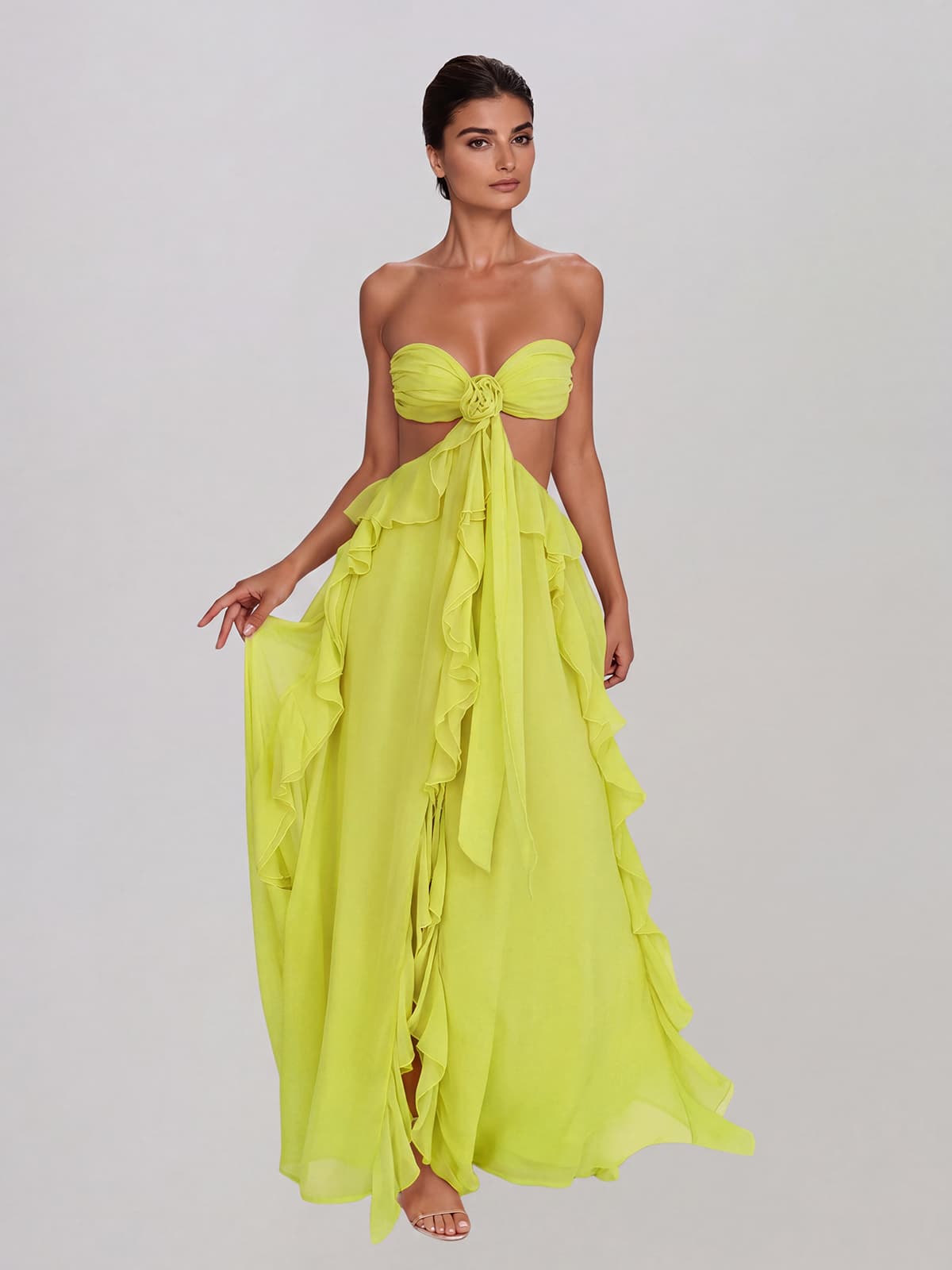 Fyntrix Strapless Ruffle Maxi Dress In Chartreuse