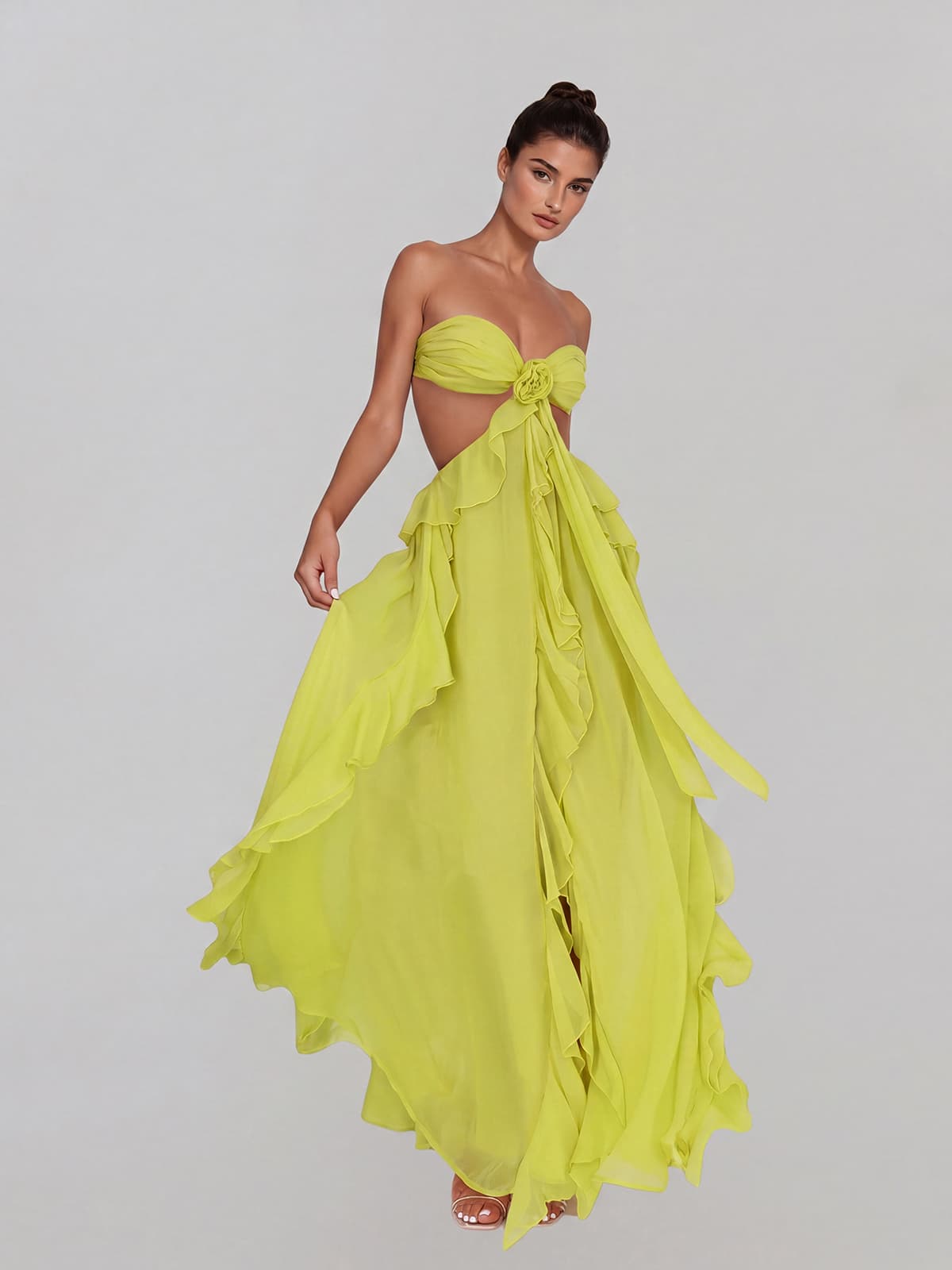 Fyntrix Strapless Ruffle Maxi Dress In Chartreuse - Image 2