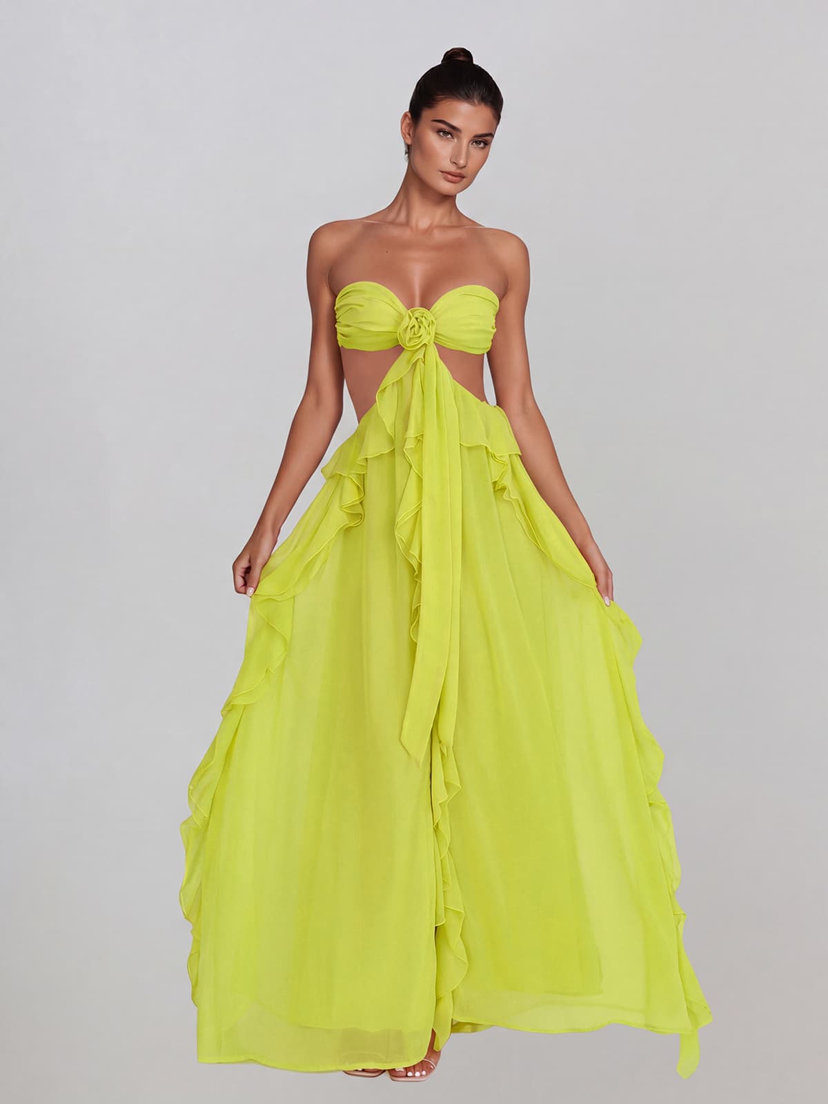 Fyntrix Strapless Ruffle Maxi Dress In Chartreuse - Image 3
